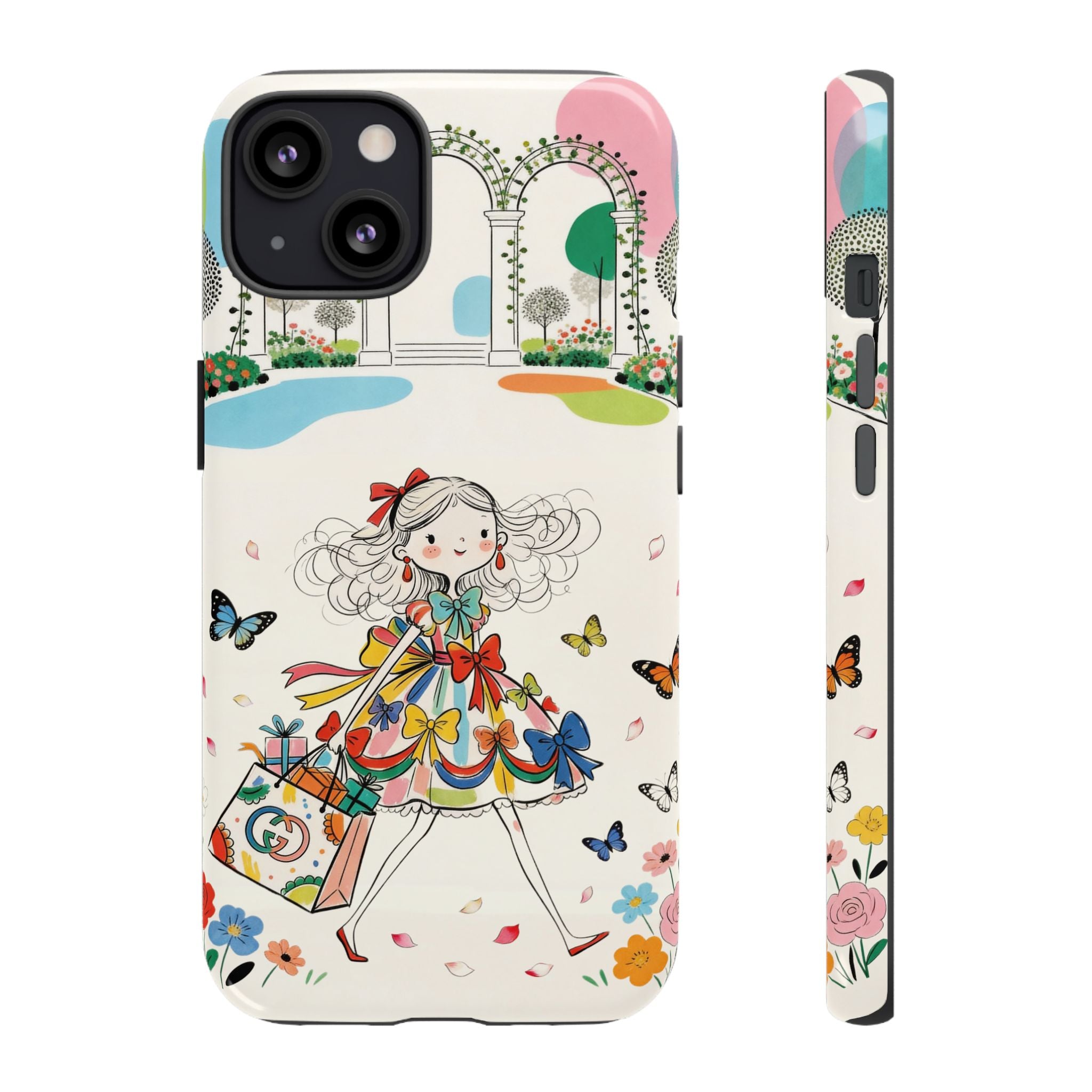 Whimsical Shopping Girl iPhone Case | Cute Floral Butterfly Tough Case