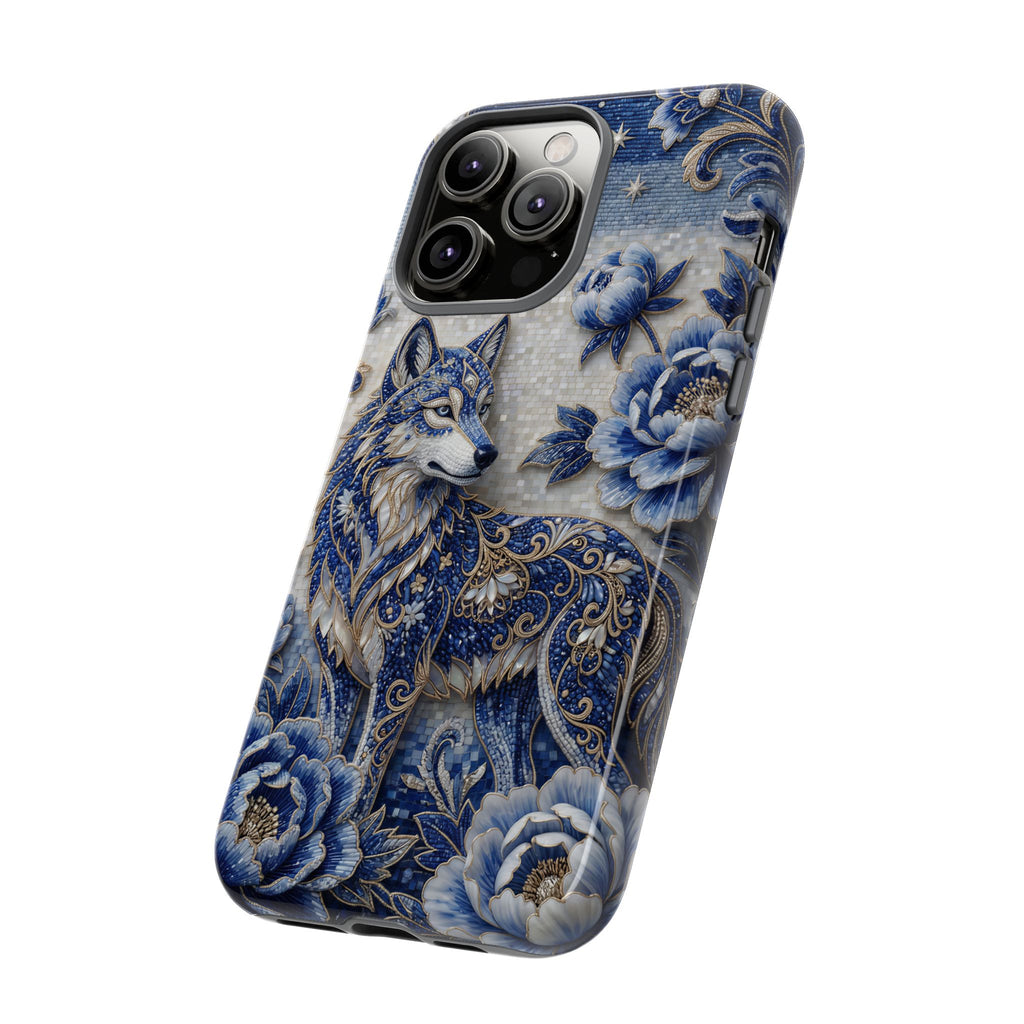 Blue Floral Wolf Tough iPhone Case | Moonlit Wolf Protective Cover