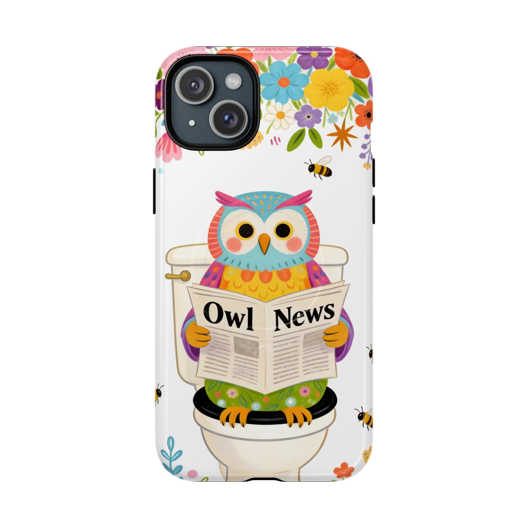 Owl News Floral MagSafe iPhone Case | Cute Owl Reading Newspaper on Toilet