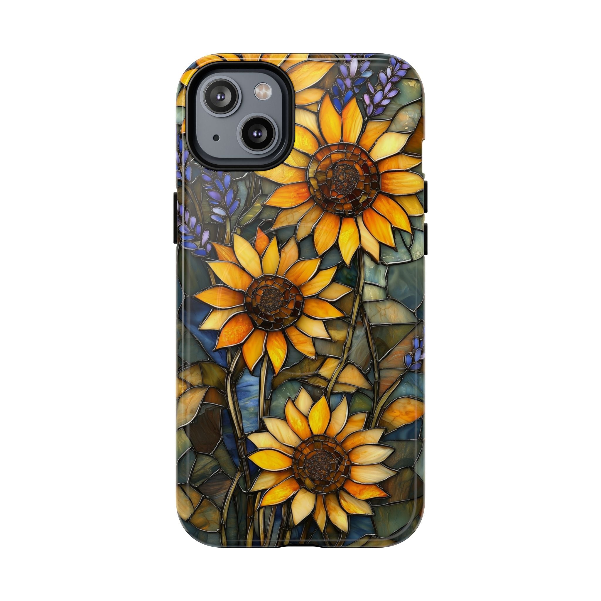 Custodia MagSafe resistente per iPhone con motivo a girasole in vetro colorato