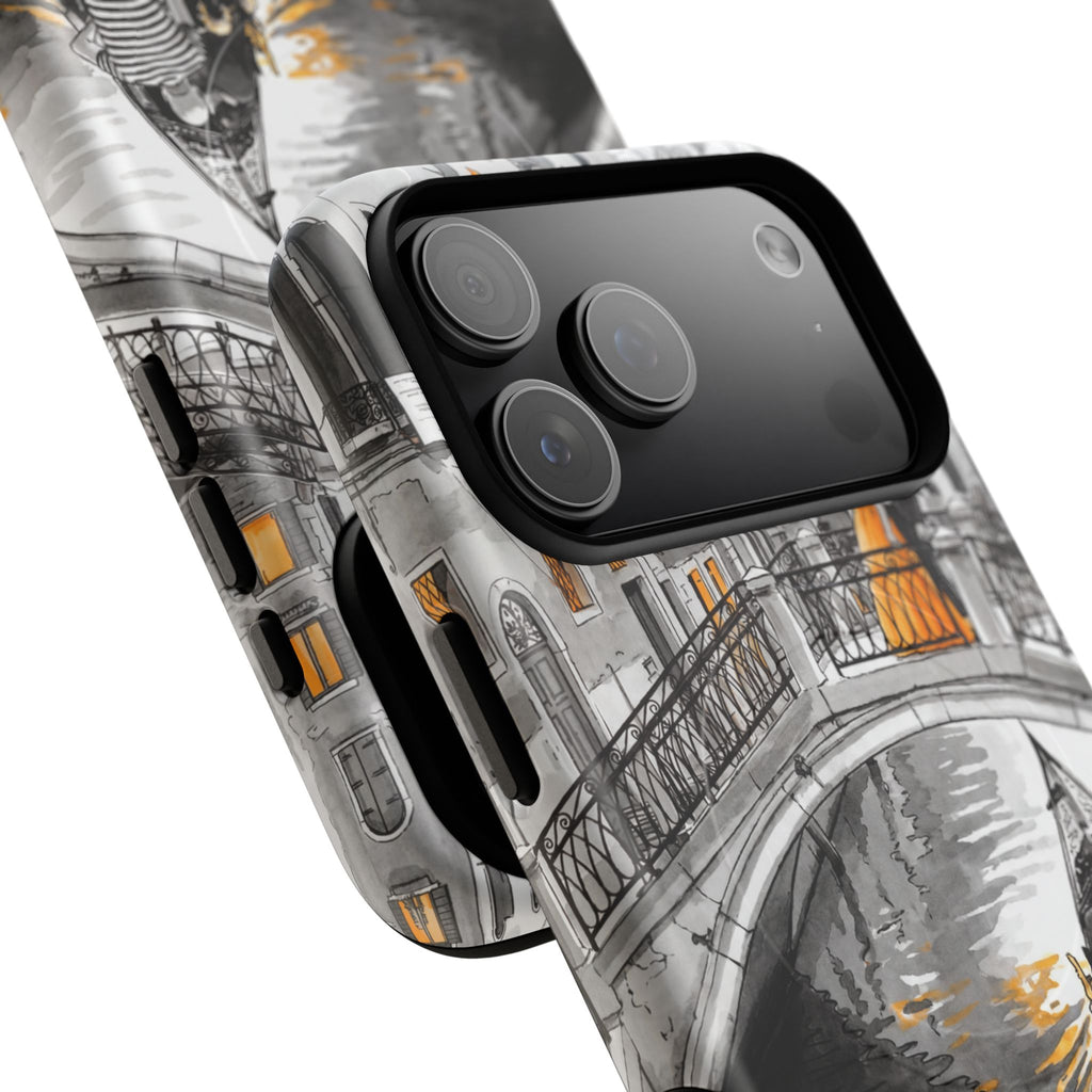 Custodia per iPhone Gondola di Venezia | Custodia MagSafe resistente con motivo schizzo in bianco e nero e dettagli dorati
