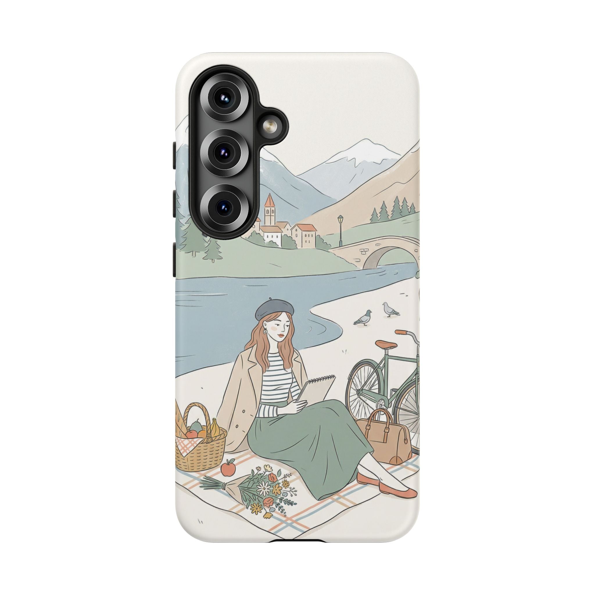 Scenic Picnic Samsung Galaxy Phone Case | Vintage Bicycle & Mountain Illustration
