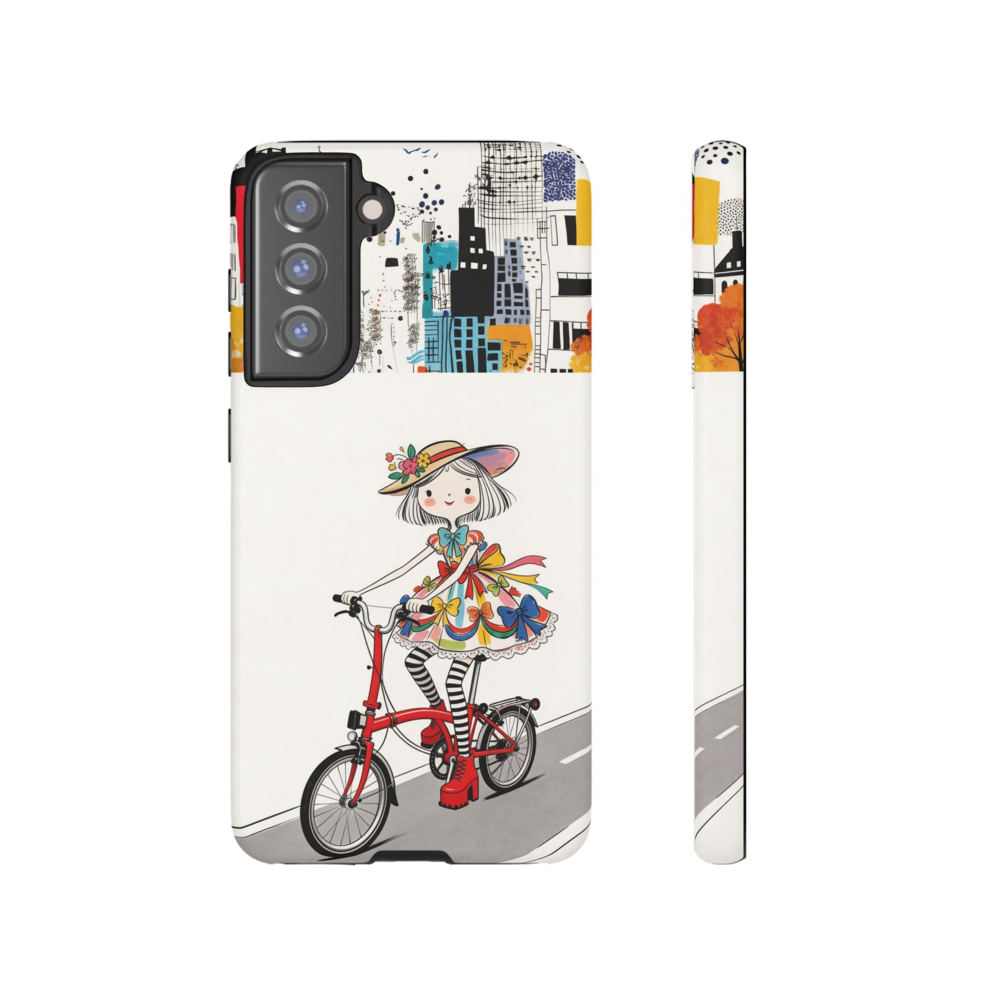 Whimsical Girl on Brompton Bicycle Urban Illustration Samsung Galaxy Phone Case