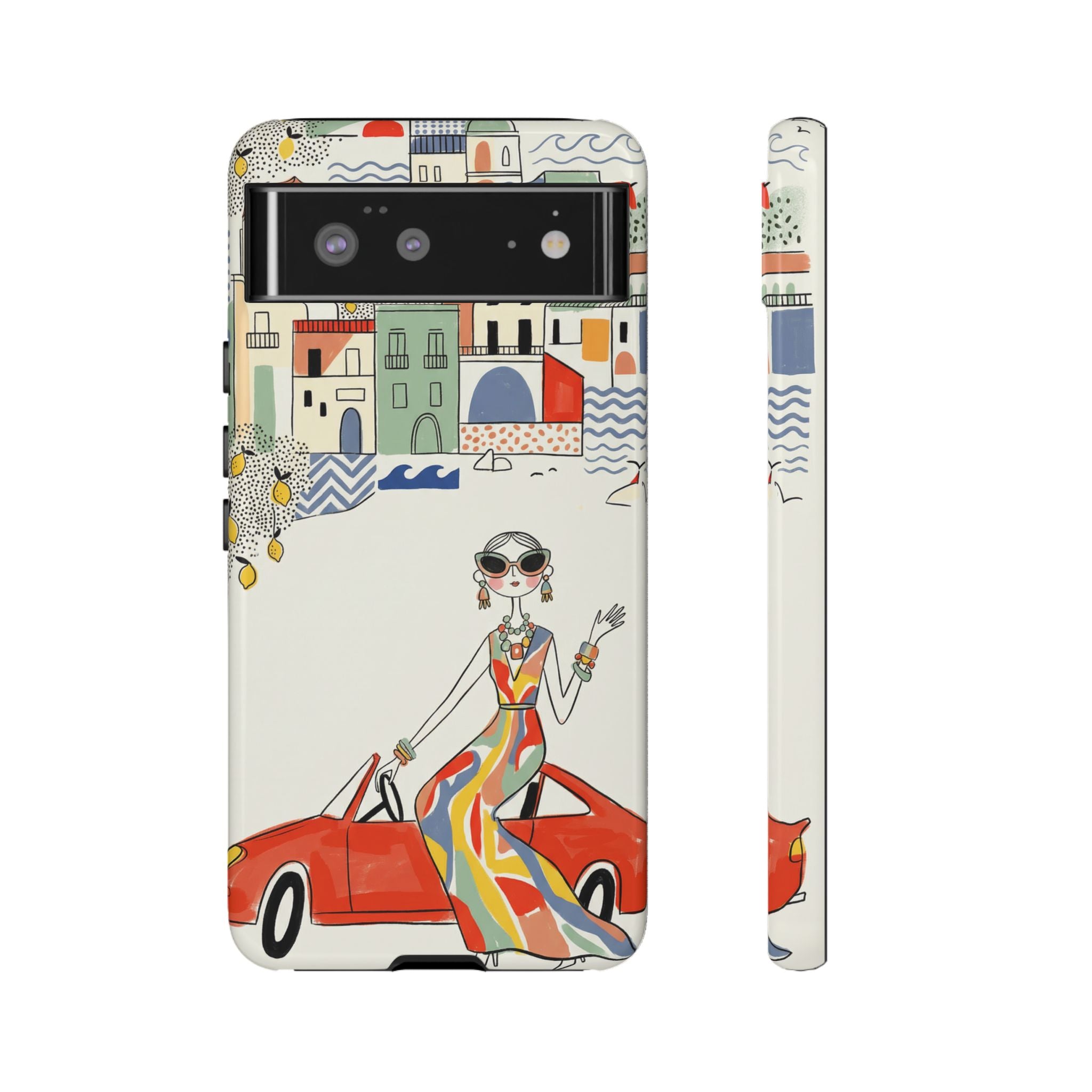 Stylish Riviera Google Pixel Phone Case | Chic Retro Woman in Convertible Design