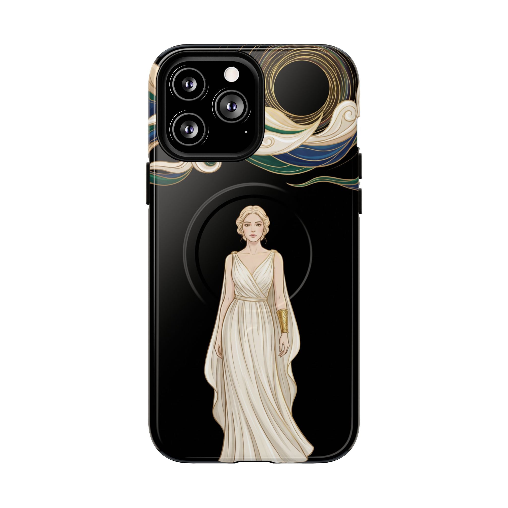 Art Nouveau Goddess MagSafe iPhone Case | Elegant Woman Illustration on Black
