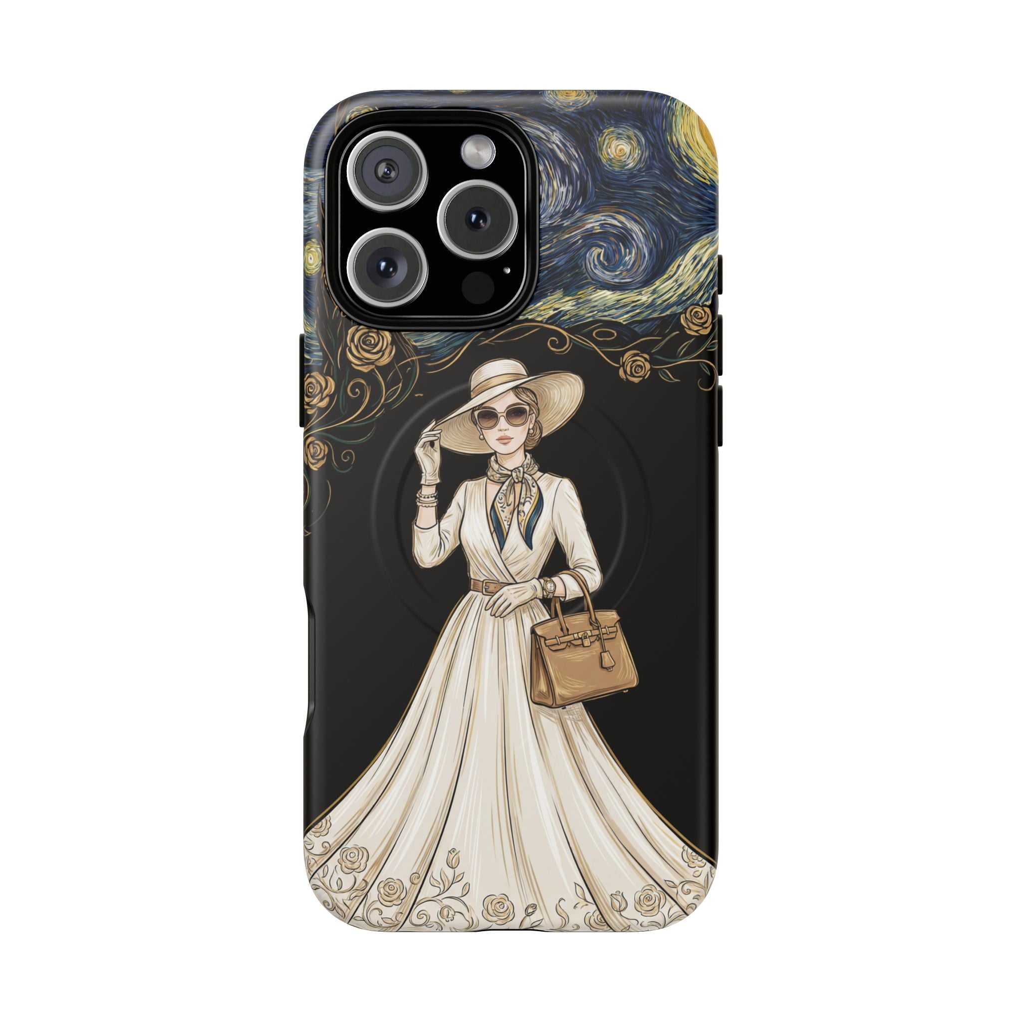 Vintage Starry Night Fashion MagSafe iPhone Case | Elegant Lady in White Dress