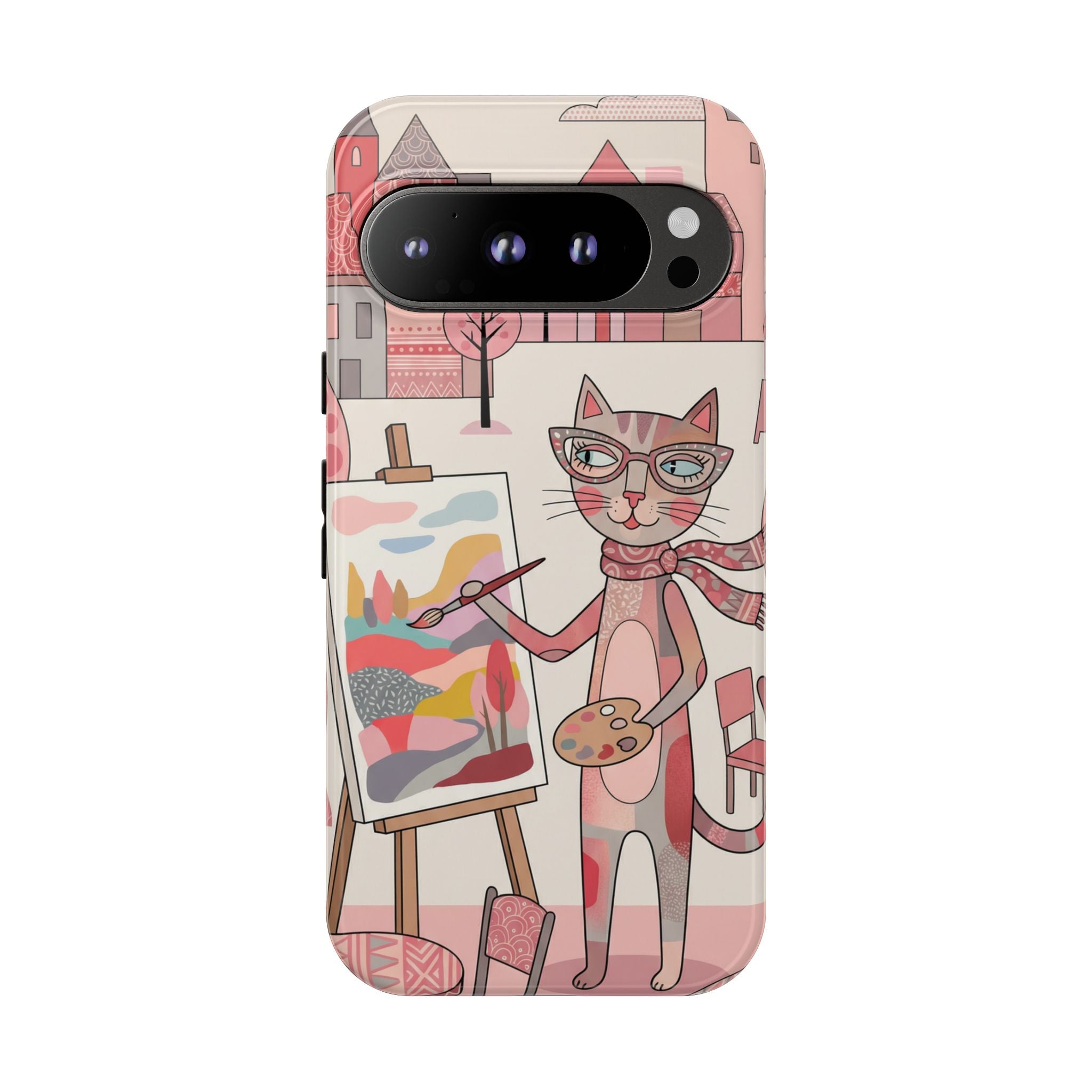 Artistic Cat Google Pixel Phone Case | Painter Kitty Illustration Tough Case