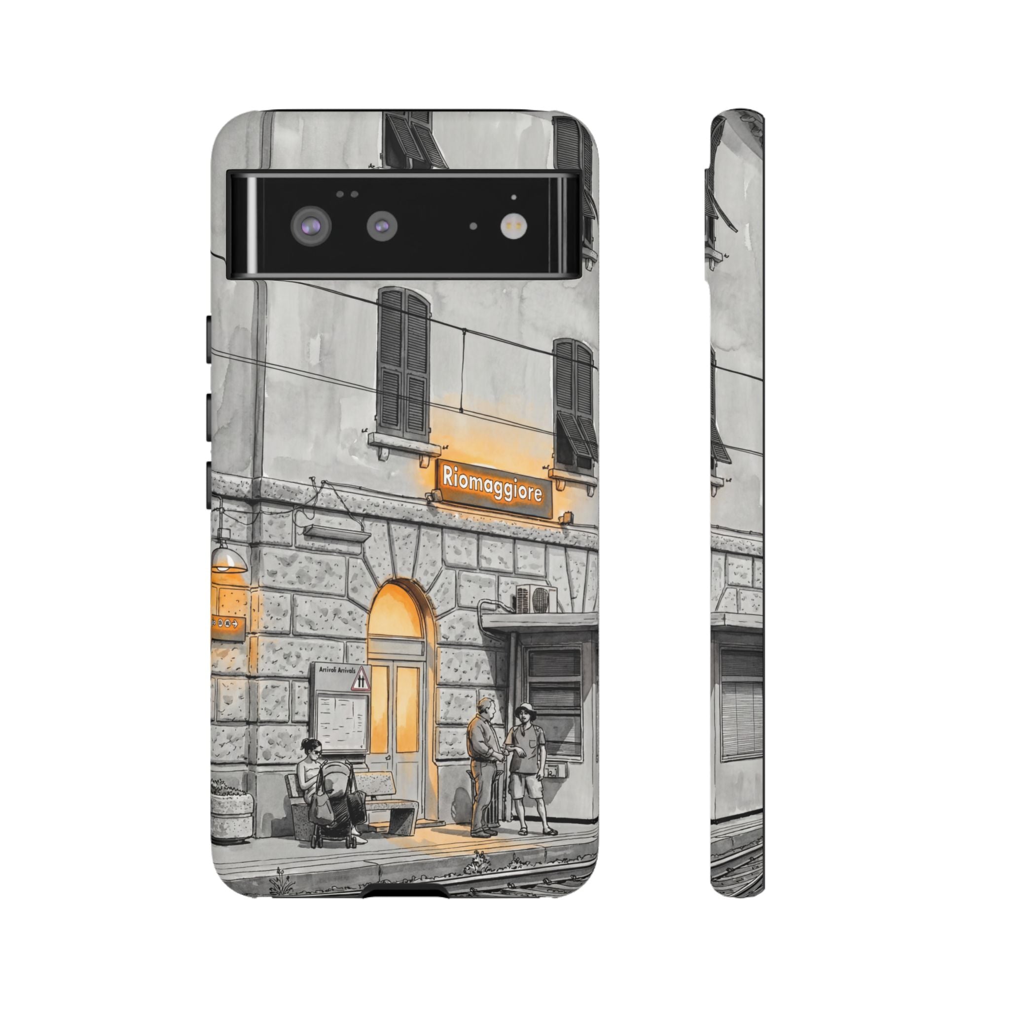 Cinque Terre Train Station Google Pixel Case | Black & White Sketch with Warm Yellow Accents