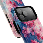 Custodia MagSafe per iPhone con motivo floreale di ciliegio in fiore | Acquerello rosa e blu