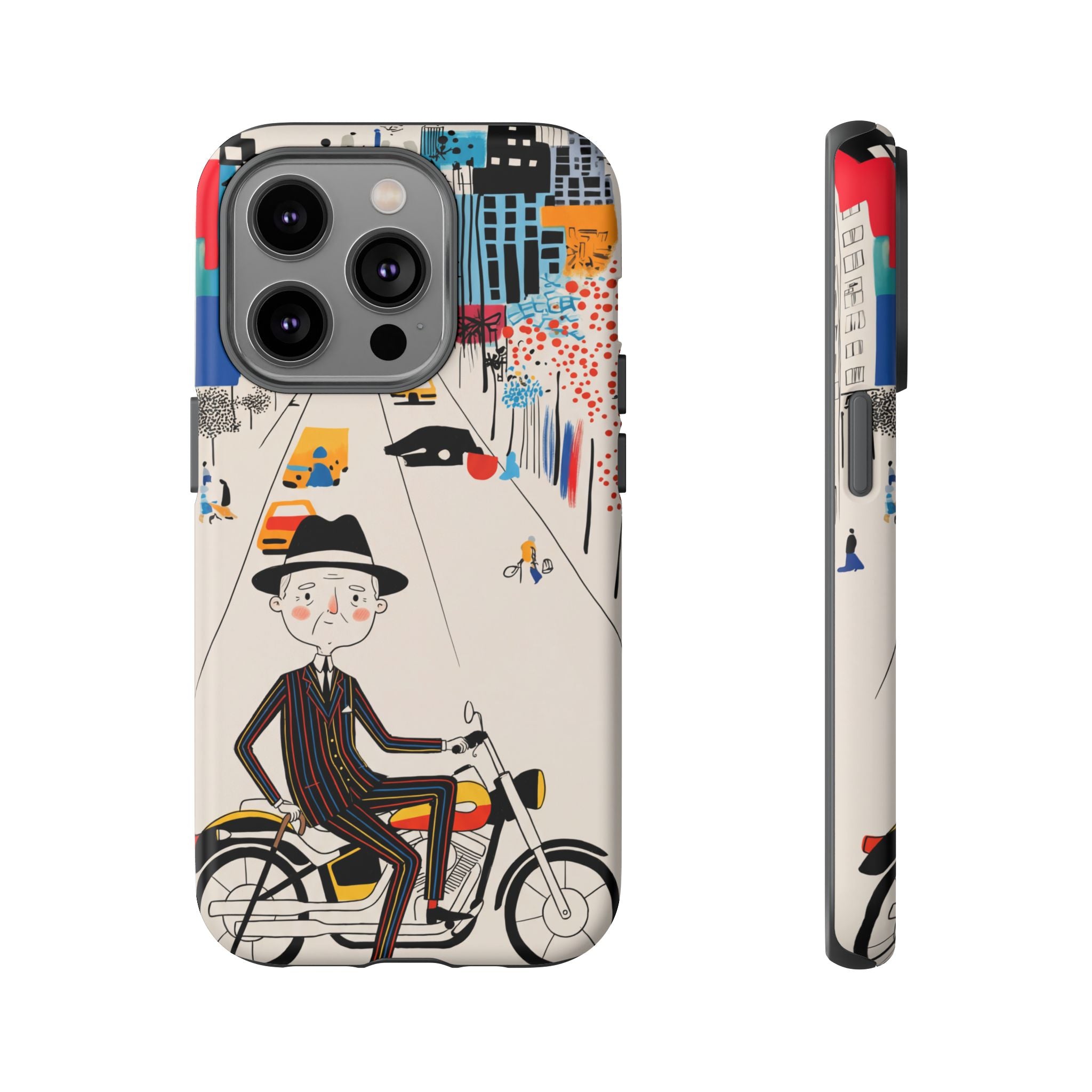 Vintage Grandpa Rider Motorcycle iPhone Case | Illustrated Cityscape