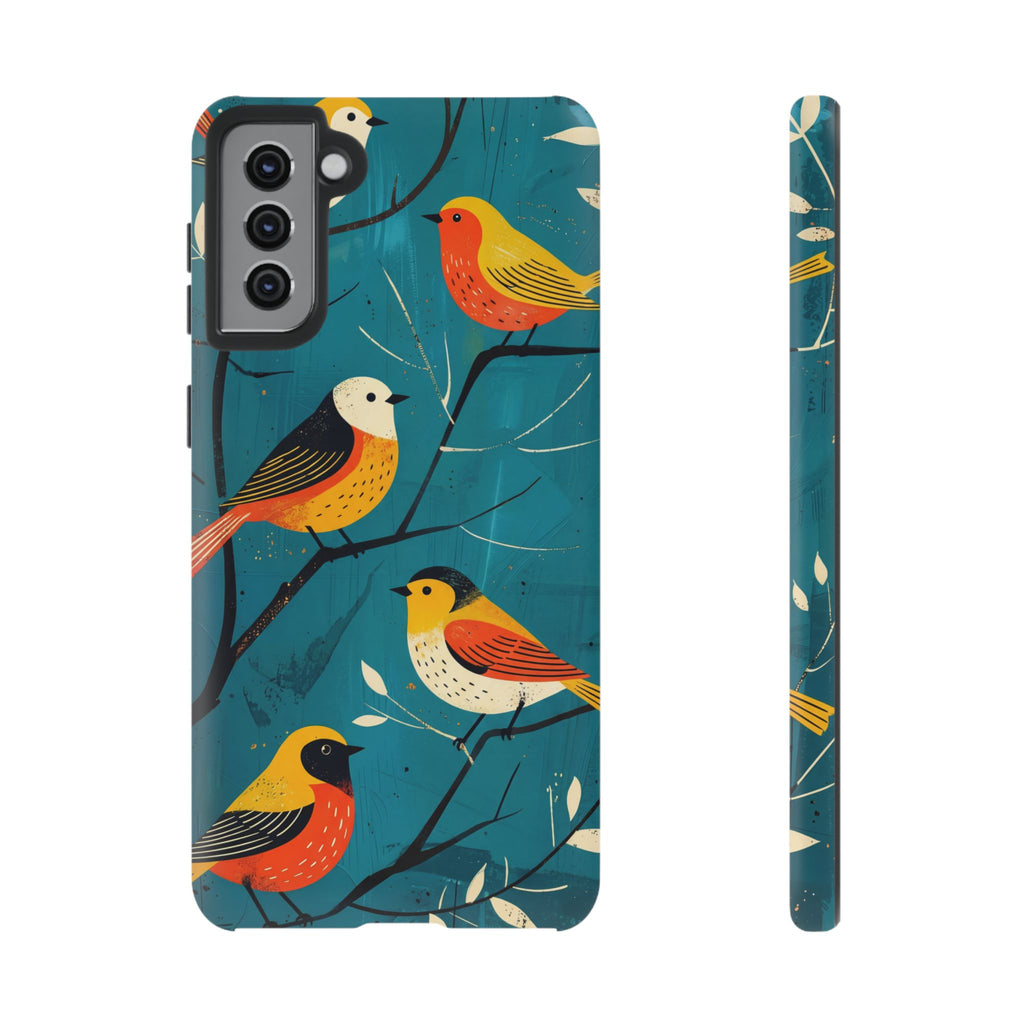 Bird Pattern Tough Samsung Galaxy Phone Case | Colourful Songbirds on Teal Background