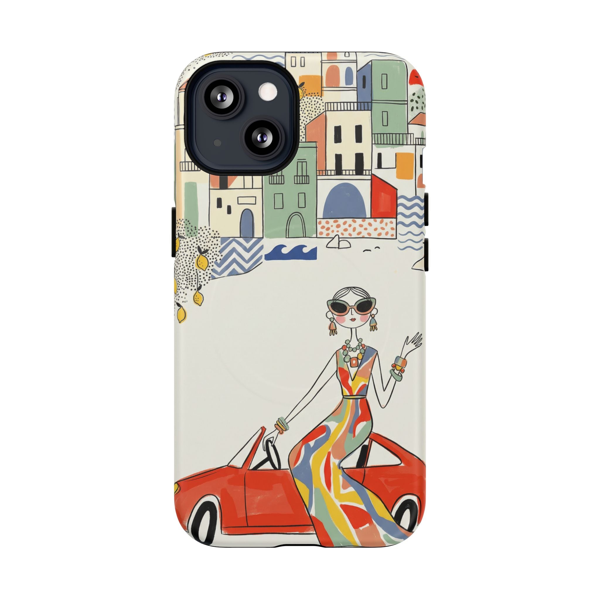 Stylish Riviera MagSafe iPhone Case | Chic Retro Woman in Convertible Design