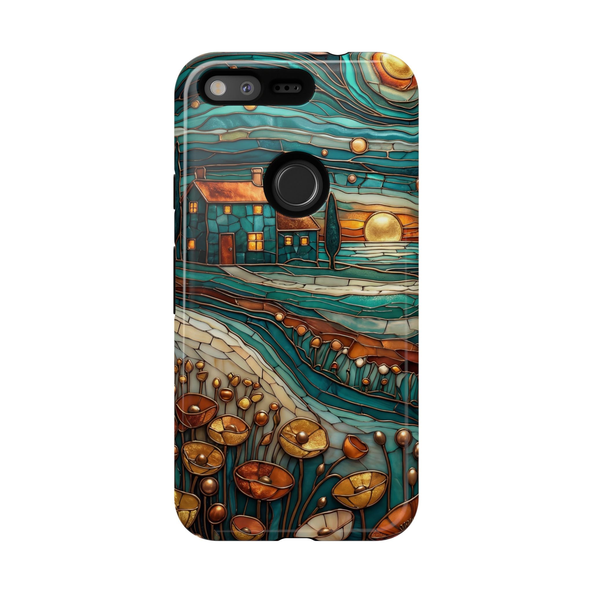 Artistic Sunset Cottage Google Pixel Case | Whimsical Floral Landscape Protective Cover