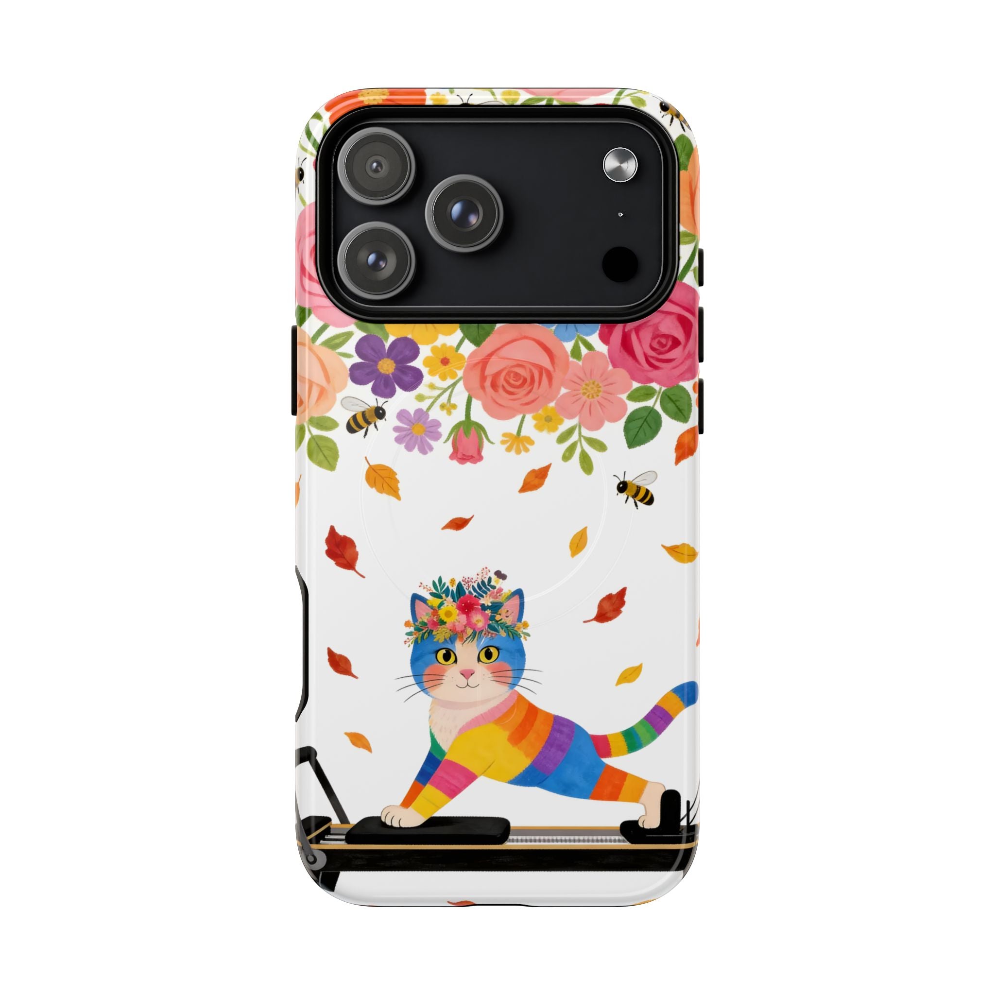 Floral Rainbow Cat Tough MagSafe iPhone Case — Colorful Pilates Cat Design
