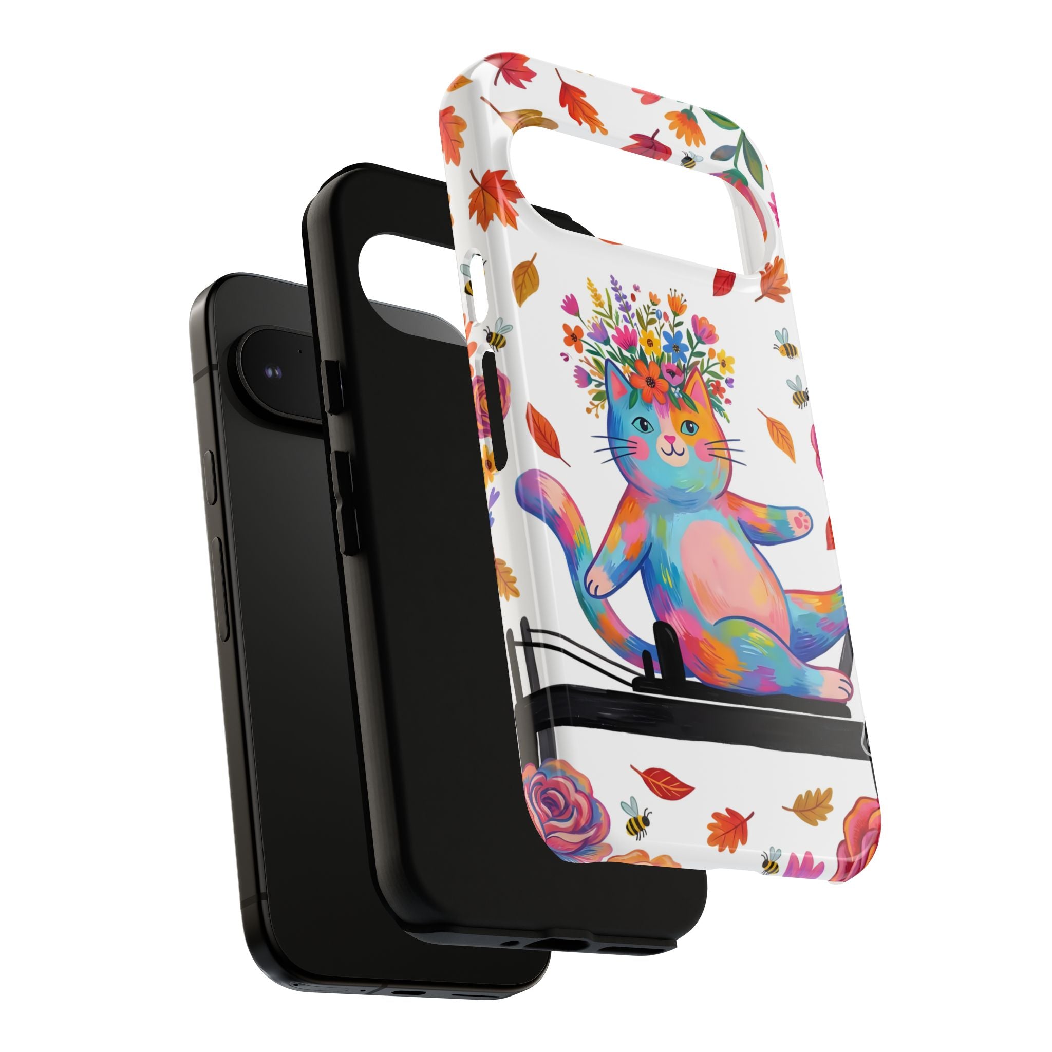Custodia protettiva per Google Pixel con gatto floreale colorato su Pilates Reformer
