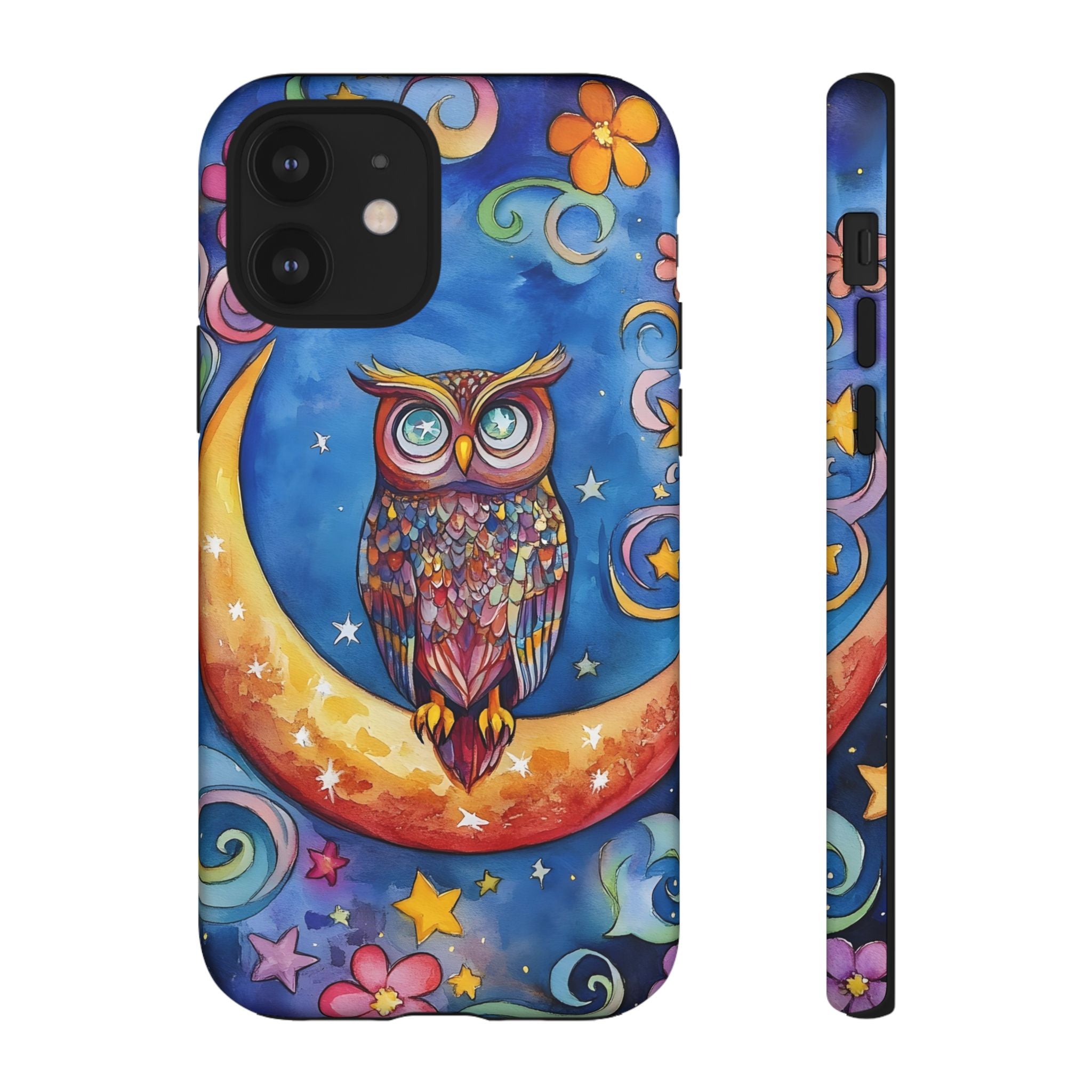 Owl on Crescent Moon iPhone Case — Colourful Whimsical Night Sky Design