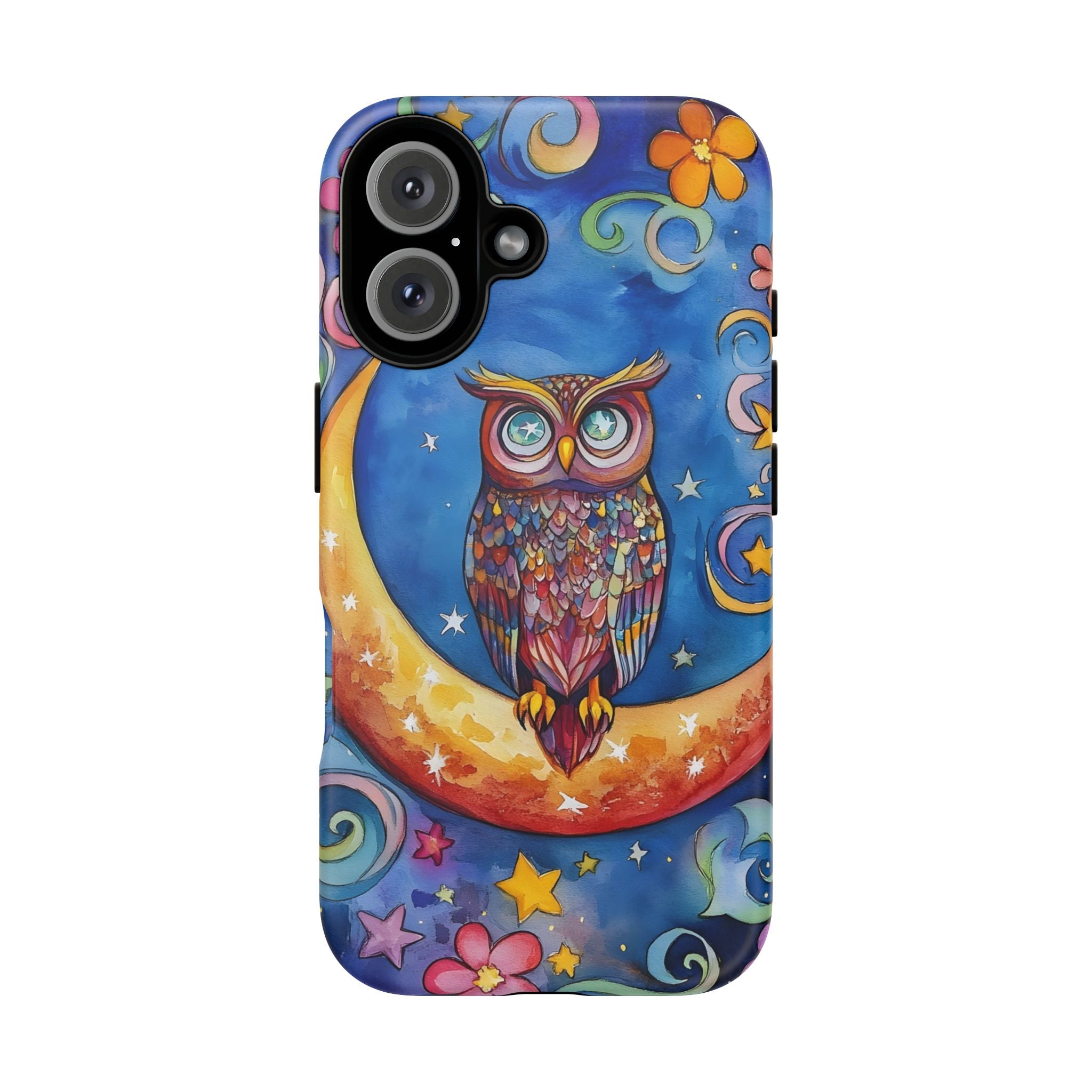 Owl on Crescent Moon iPhone Case — Colourful Whimsical Night Sky Design