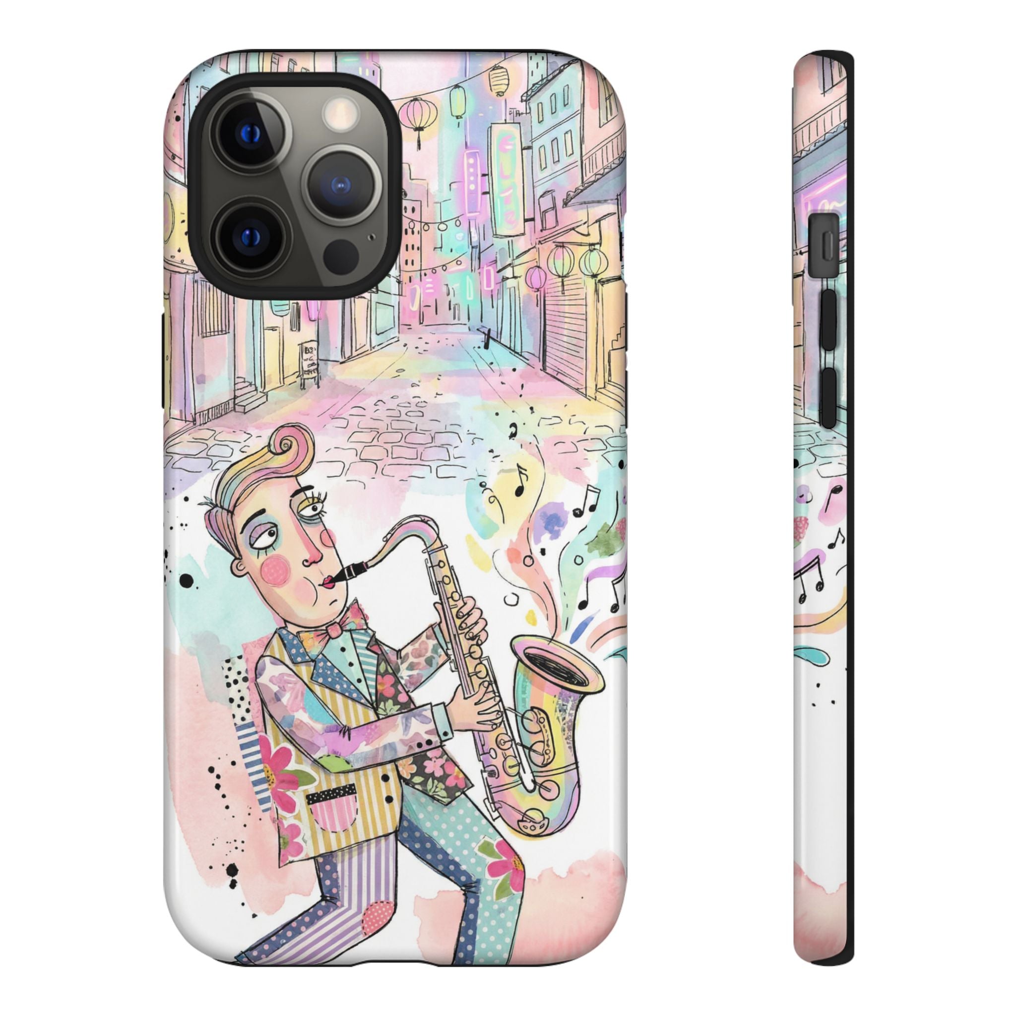 Sax Player Art iPhone Case | Pastel Jazz Street Illustration