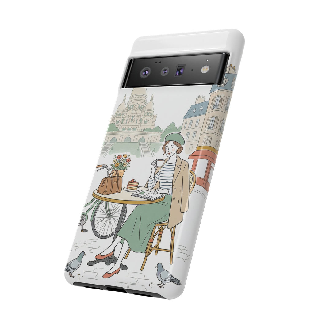 Paris Cafe Illustration Google Pixel Phone Case | Vintage Bicycles & Pigeons Protective Cover