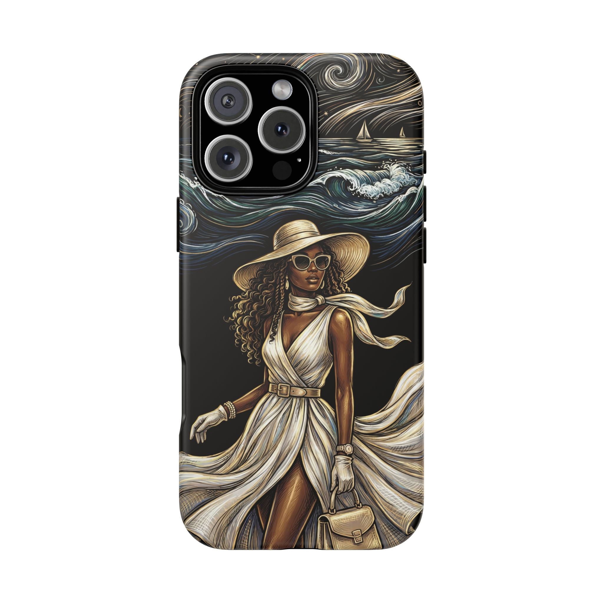 iPhone Case | Elegant Black Woman in Flowing Dress by the Sea