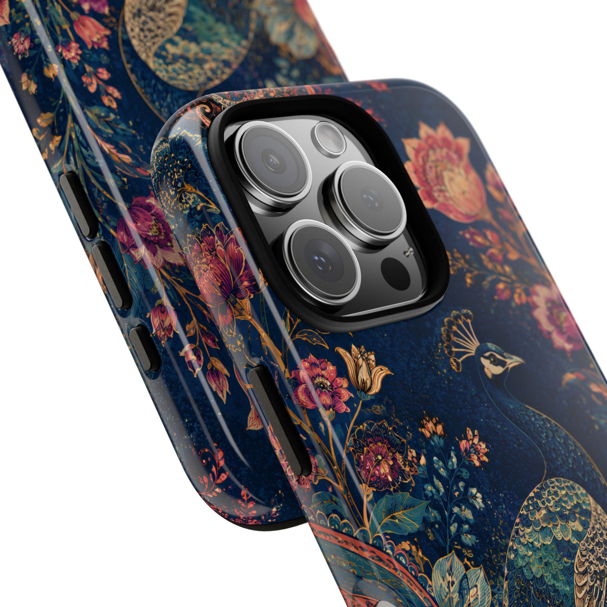 Peacock Floral Tough iPhone Case | Antique Indigo Gold Art Cover