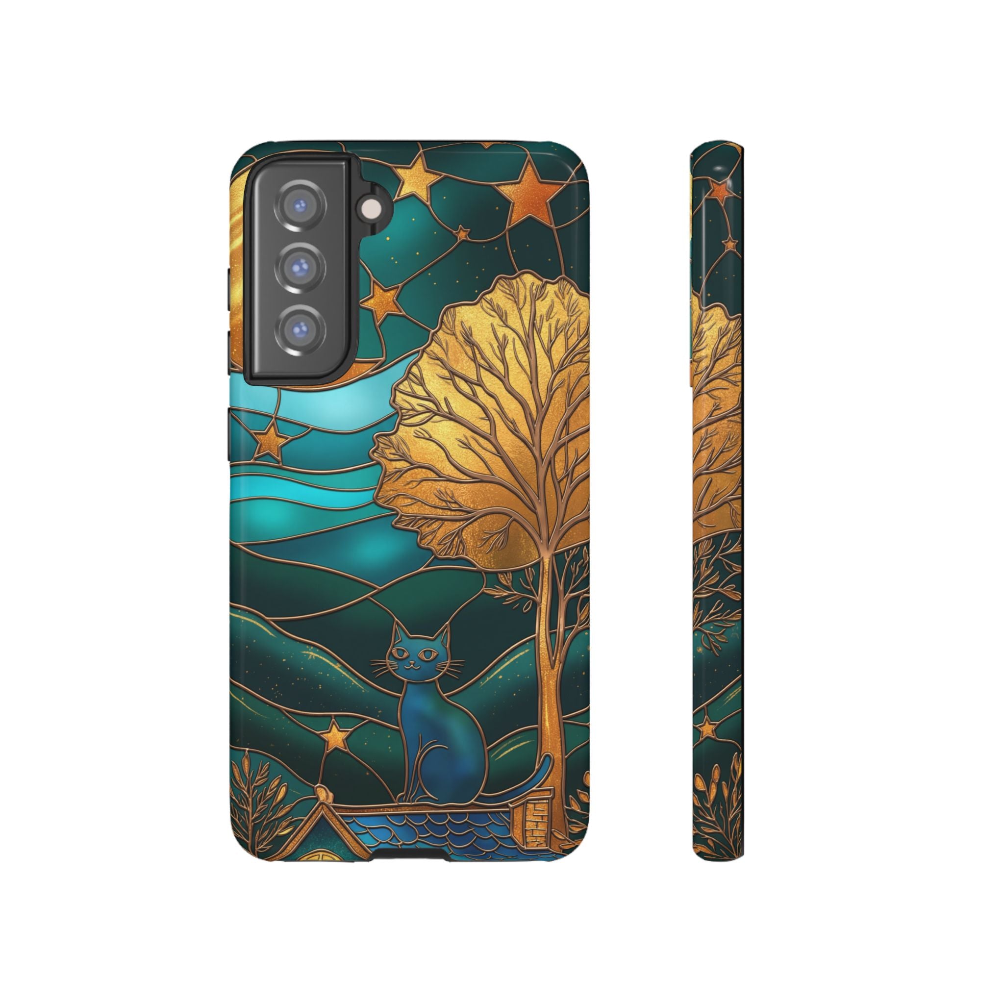Stained Glass Cat Tough Samsung Galaxy Case | Gold Tree & Starry Night Design