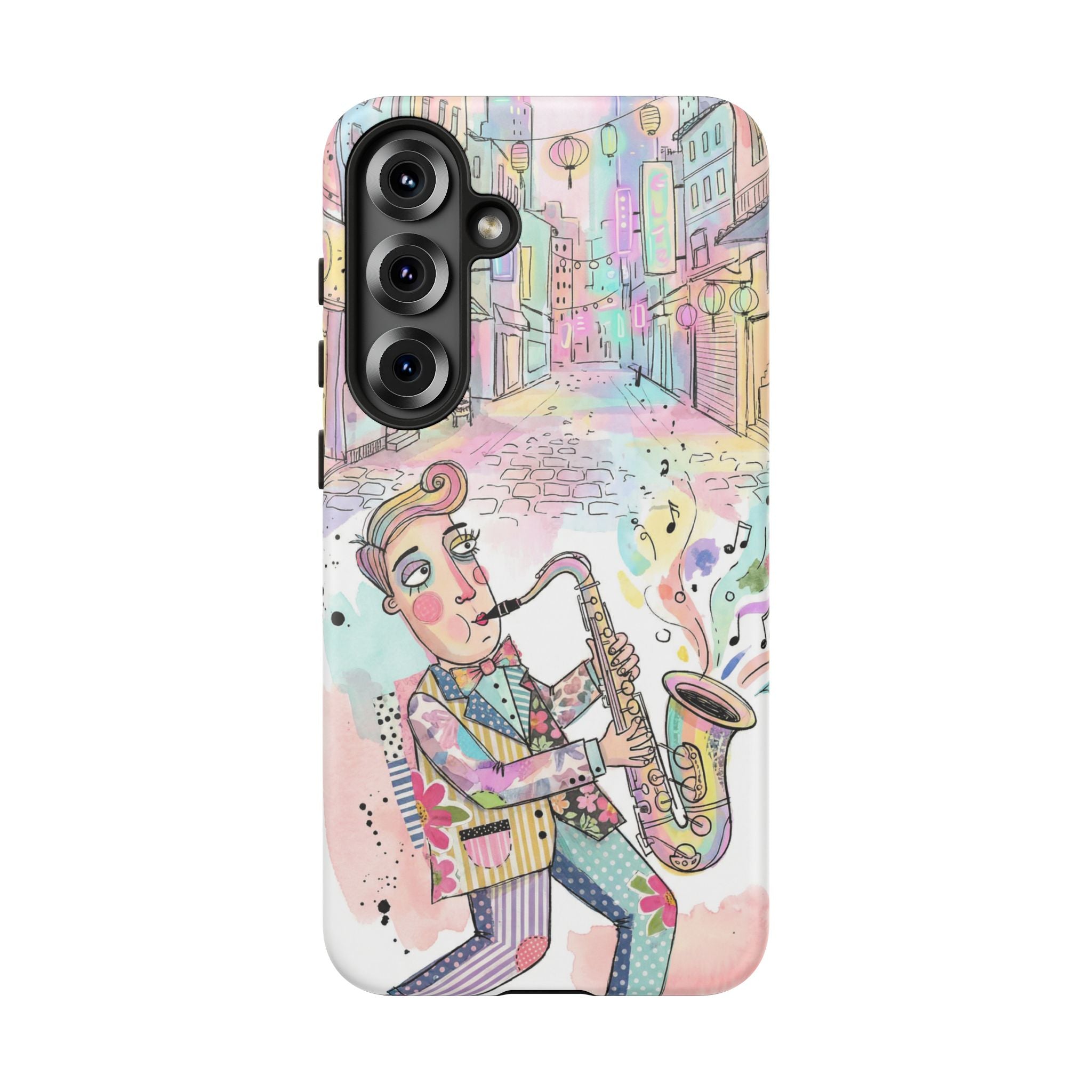 Sax Player Art Samsung Galaxy Phone Case | Pastel Jazz Street Illustration