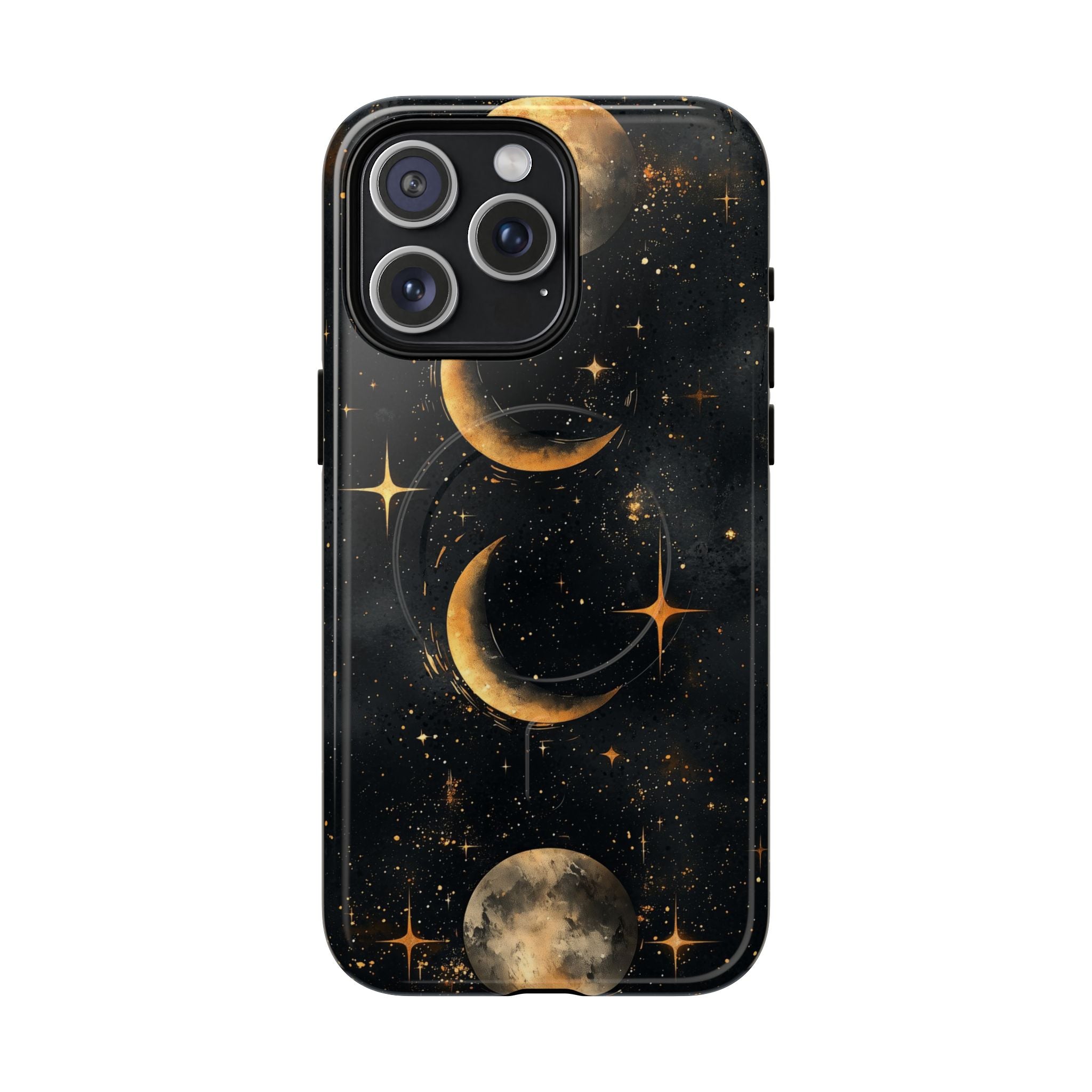 Custodia rigida MagSafe per iPhone con fasi lunari celestiali | Design a forma di galassia con mezzaluna dorata e luna piena