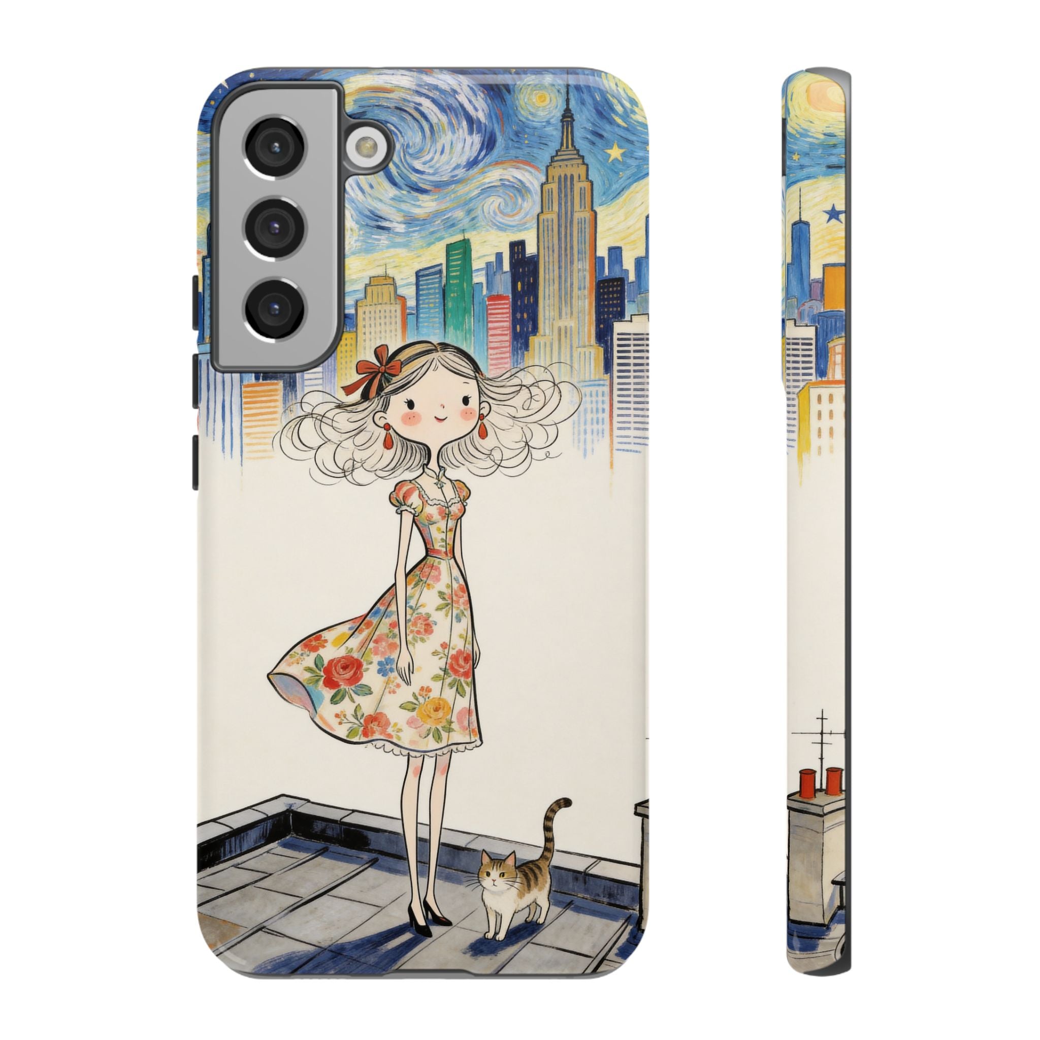Artistic Girl Cityscape Samsung Galaxy Phone Case | Cute Floral Dress Rooftop Design