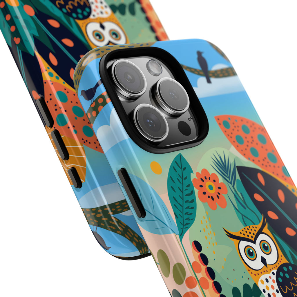 Custodia iPhone Gufo Colorato con Motivo Botanico Forestale