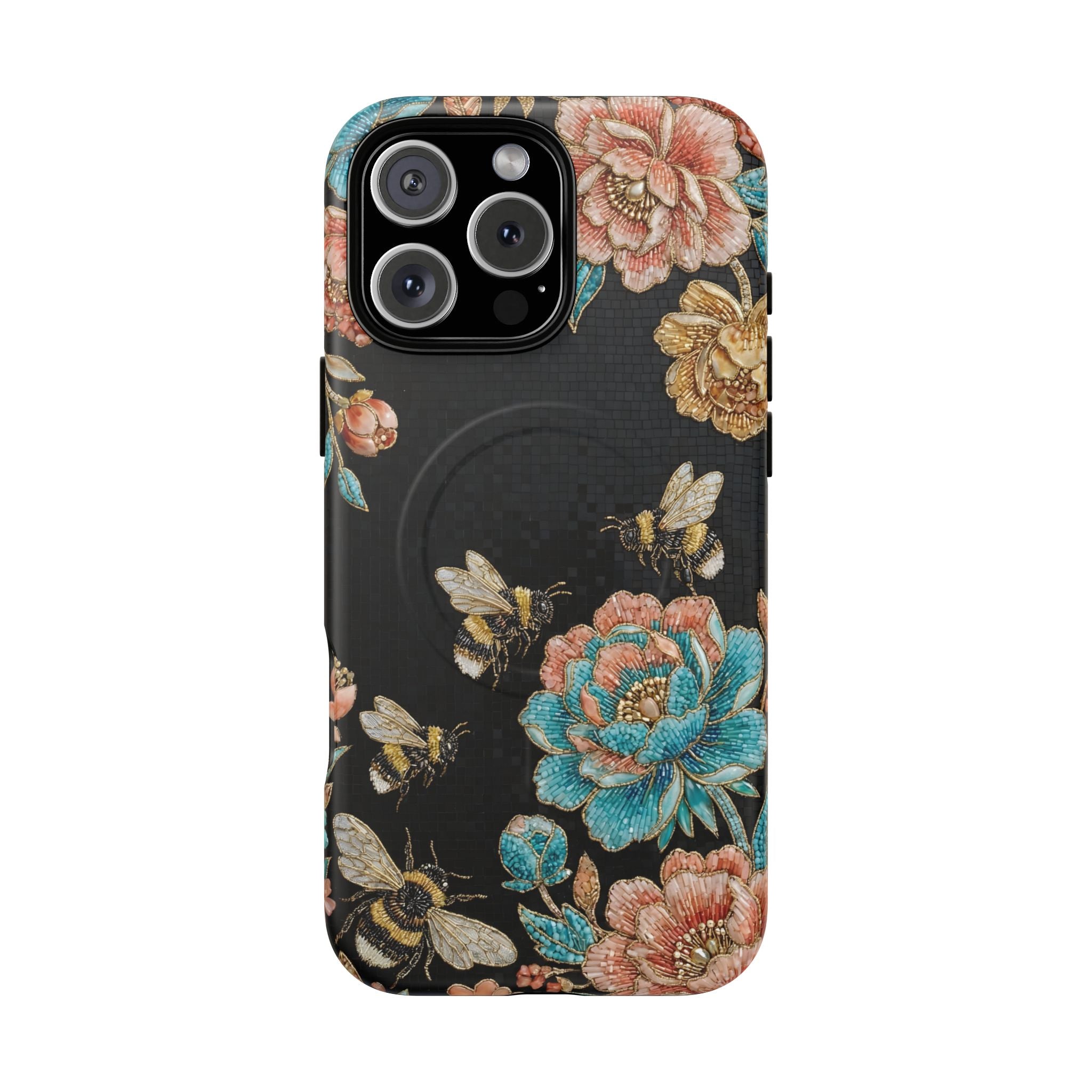 Floral Bees Tough MagSafe iPhone Case | Vintage Rose & Bumblebee Protective Cover