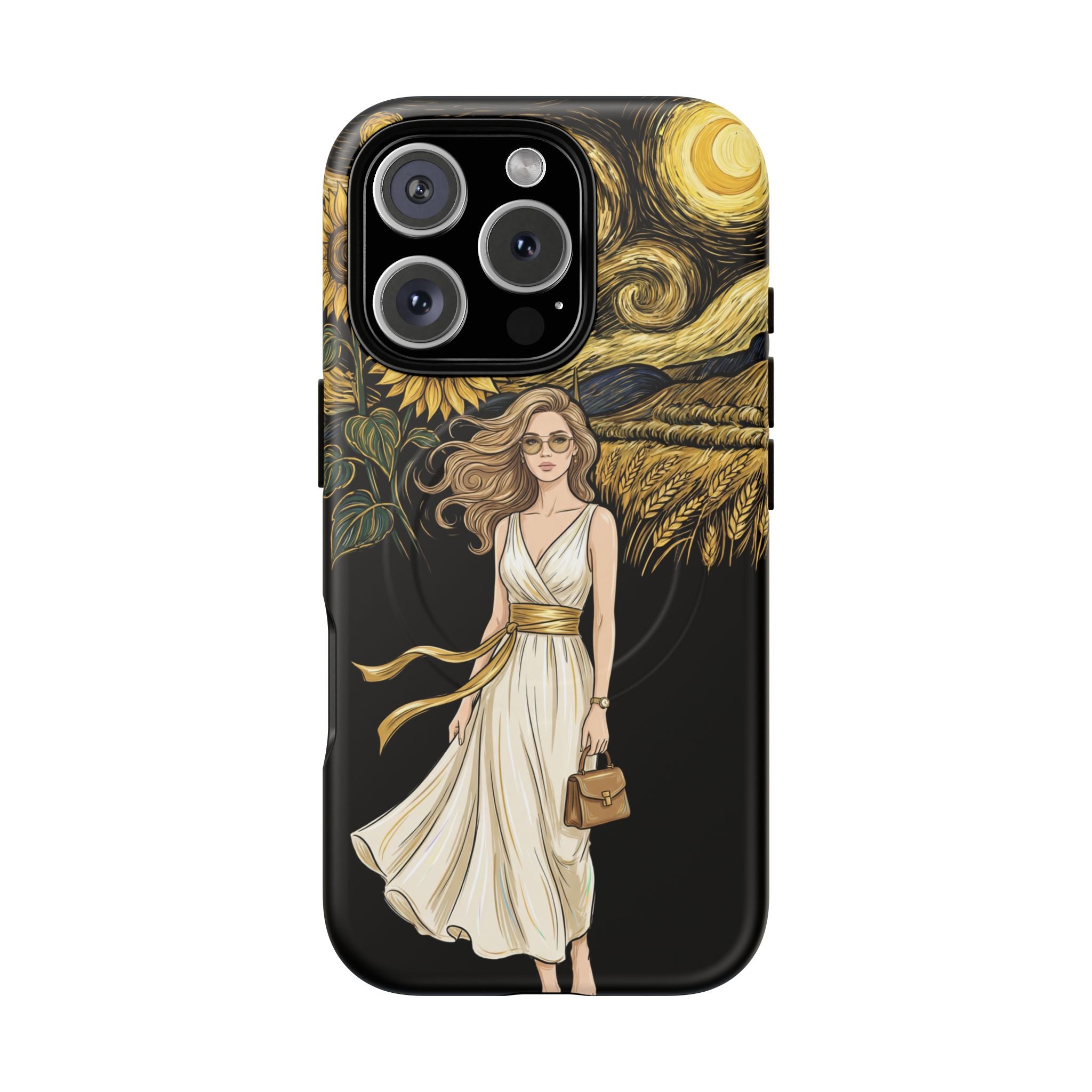 Sunflower Night MagSafe iPhone Case | Woman in Flowing Dress Van Gogh Style