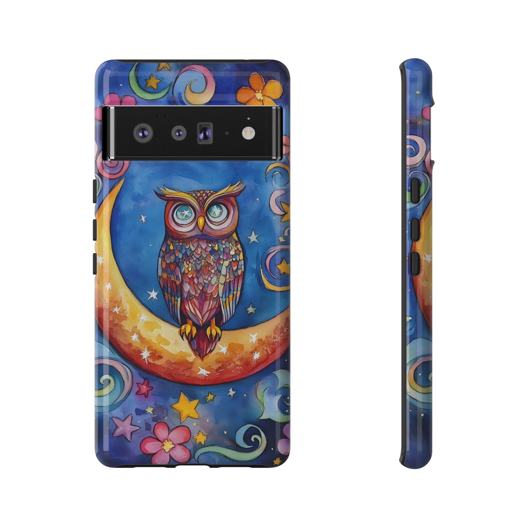 Owl on Crescent Moon Google Pixel Case — Colourful Whimsical Night Sky Design