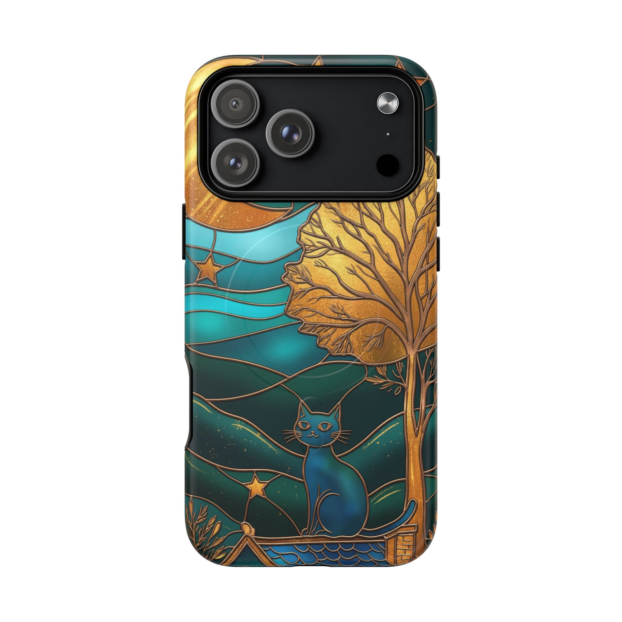 Art Nouveau Cat iPhone Case | Stained Glass Moon & Tree Tough MagSafe Case