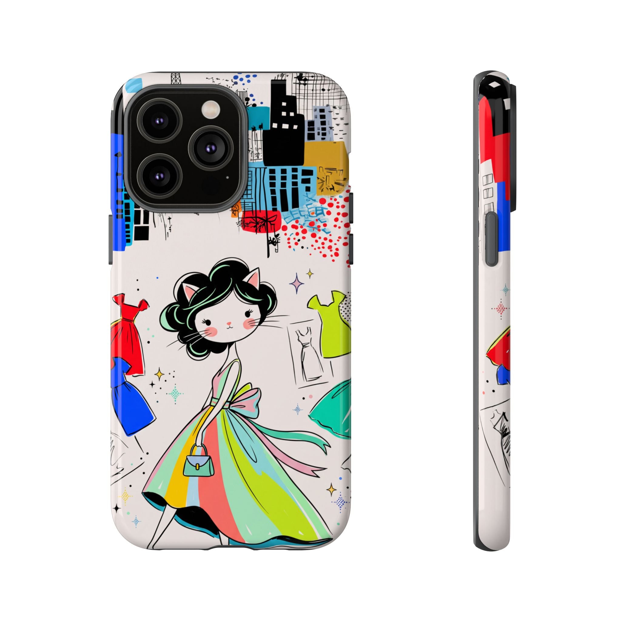 Retro Fashion Cat Girl iPhone Case | Cute Dress & City Print