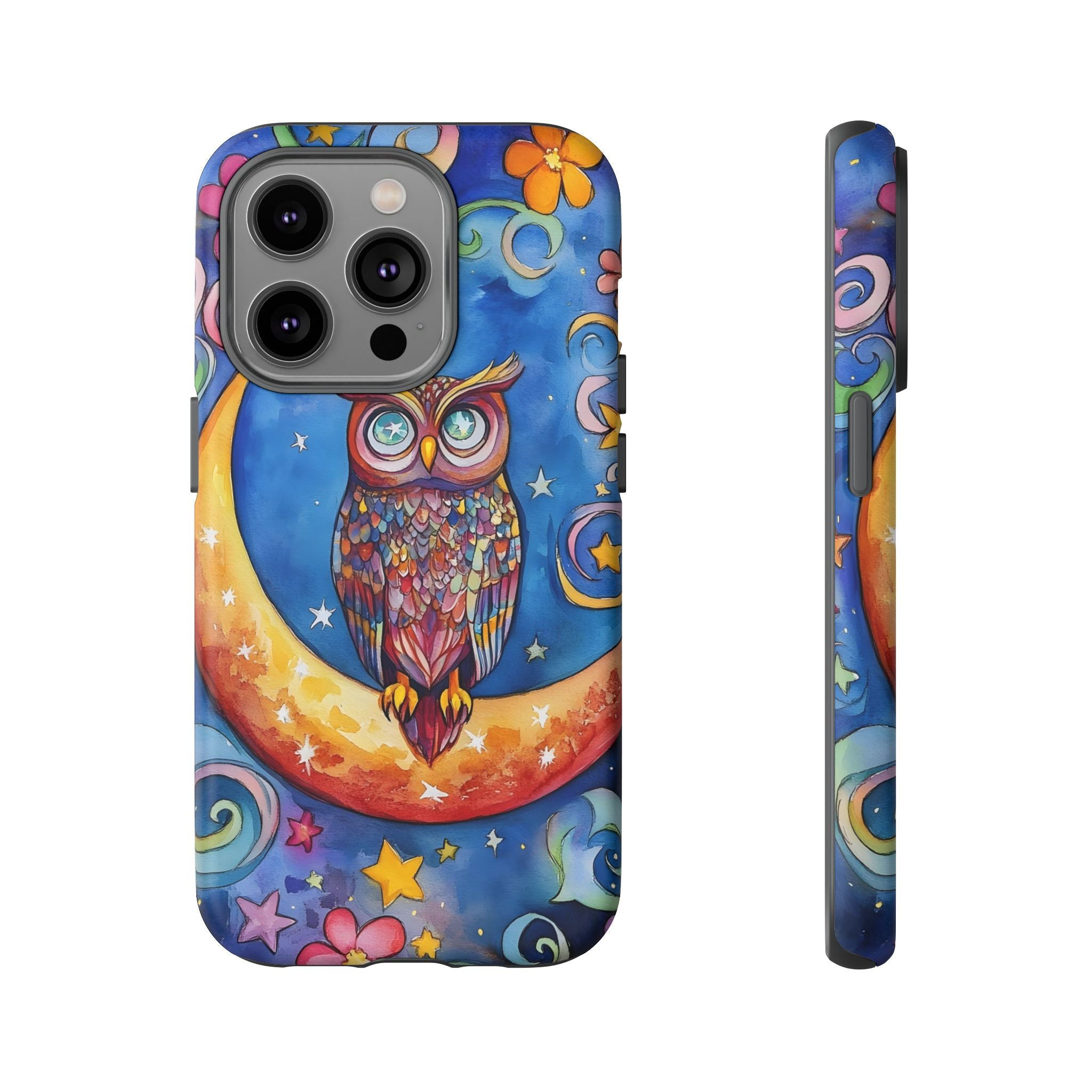 Owl on Crescent Moon iPhone Case — Colourful Whimsical Night Sky Design