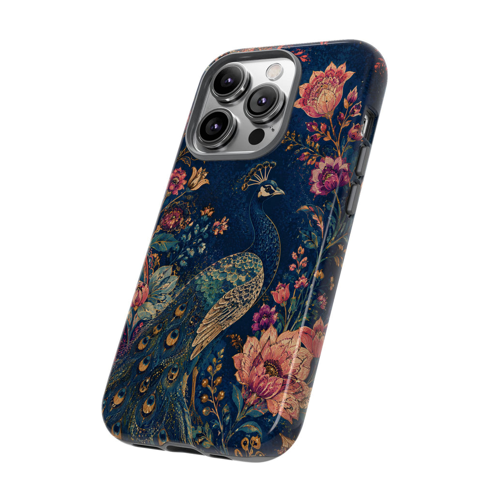 Peacock Floral Tough iPhone Case | Antique Indigo Gold Art Cover