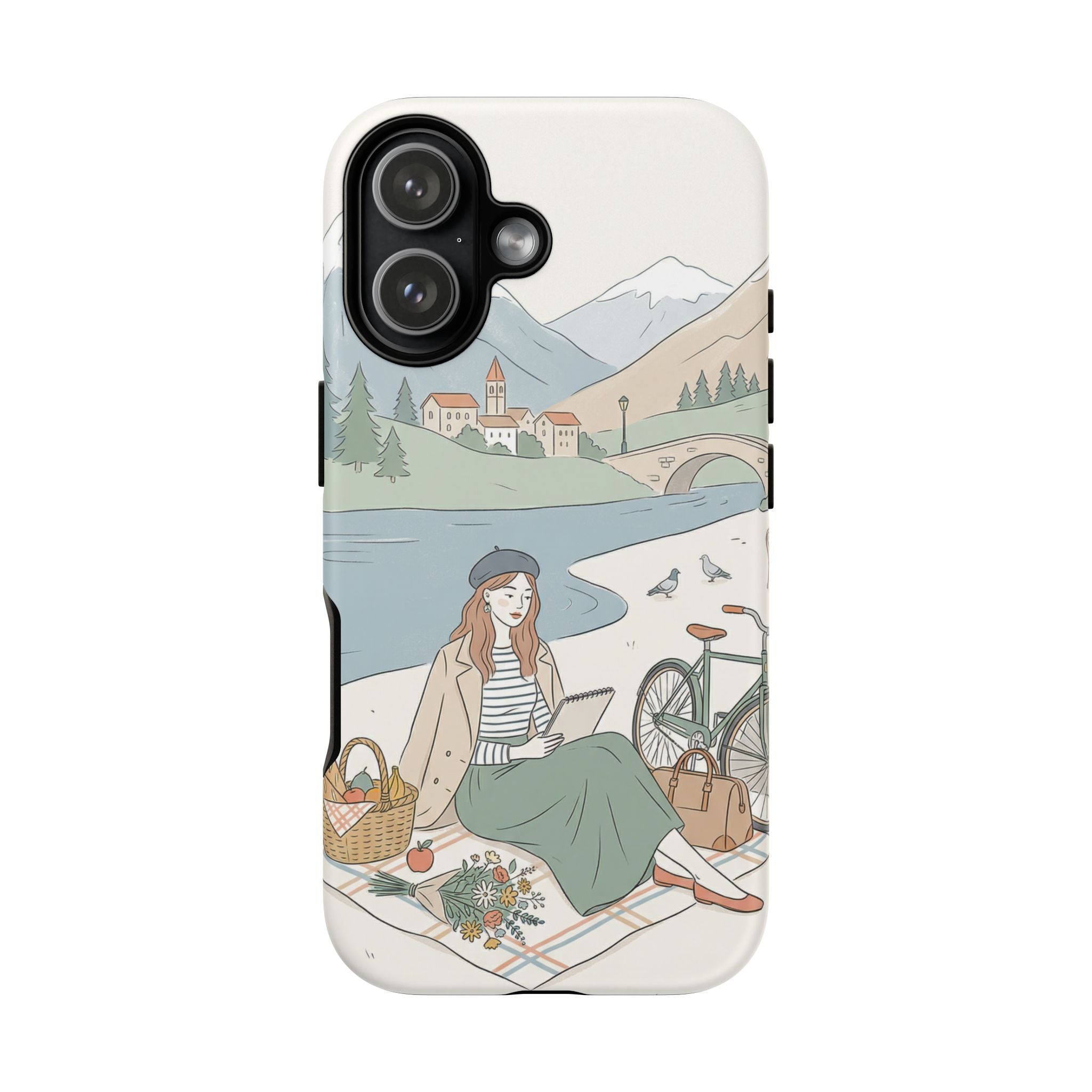 Scenic Picnic iPhone Case | Vintage Bicycle & Mountain Illustration