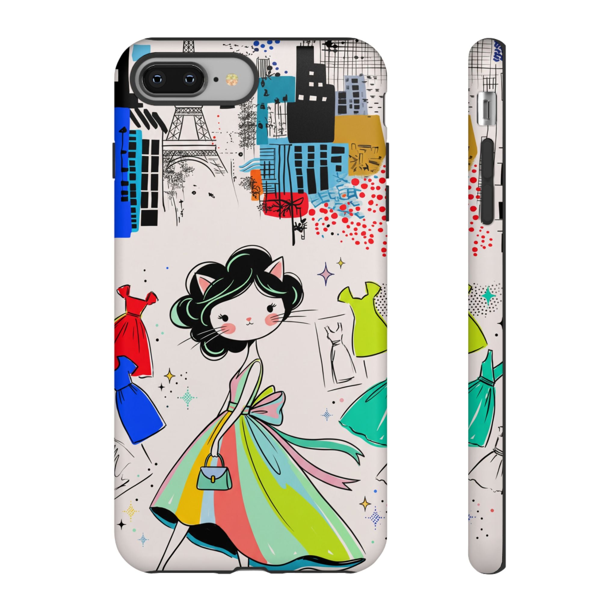 Retro Fashion Cat Girl iPhone Case | Cute Dress & City Print