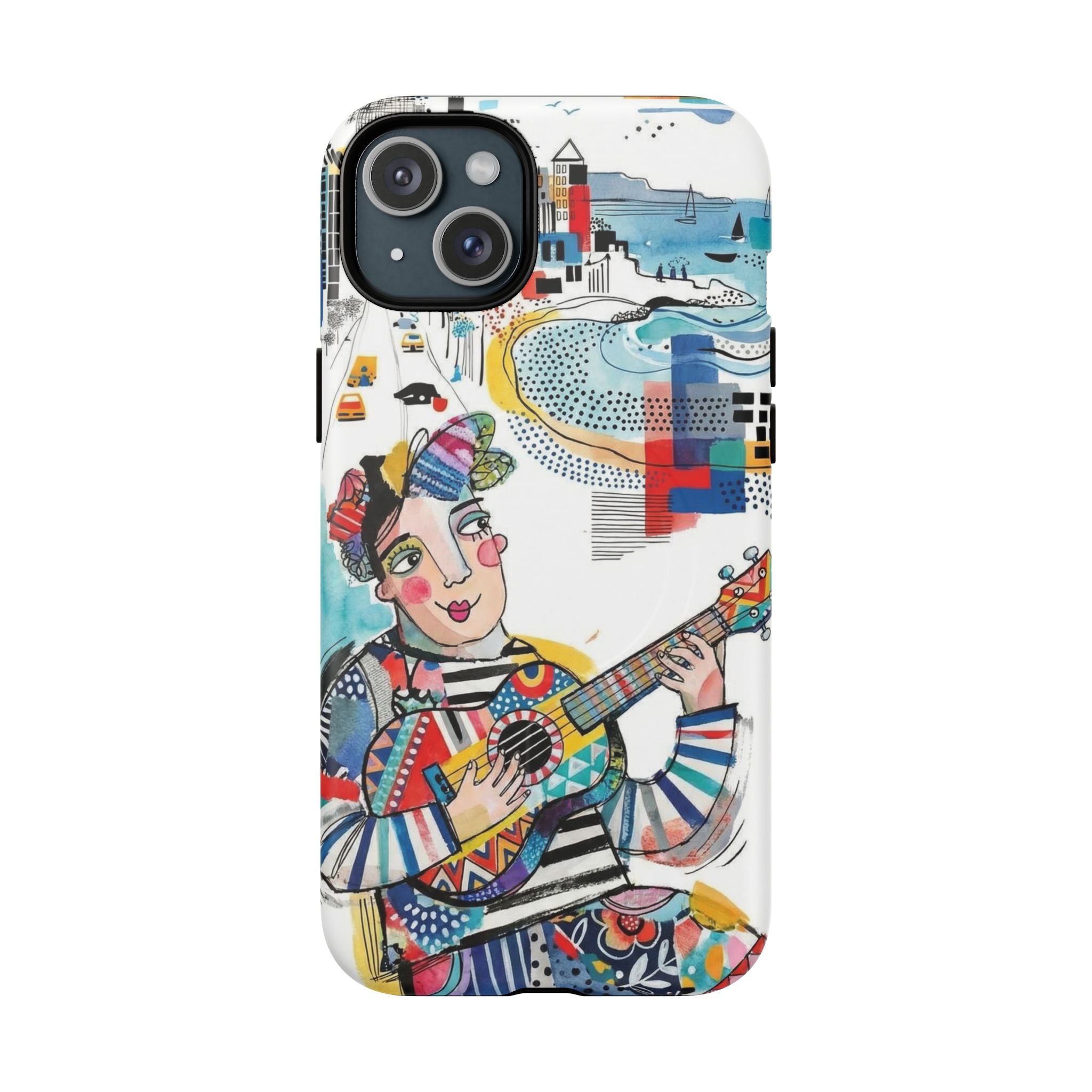 Artistic Musician MagSafe iPhone Case | Colorful Guitar Cityscape Tough Case