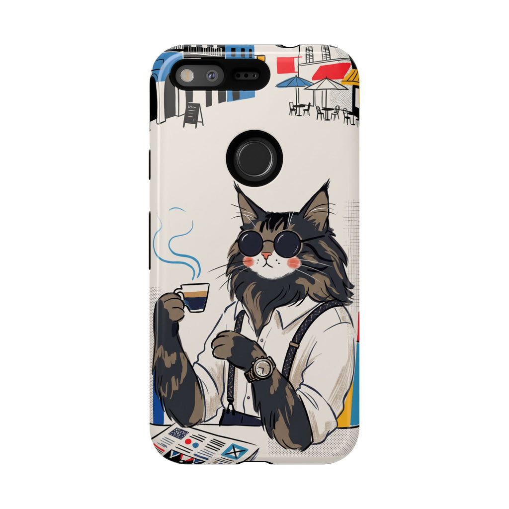 Cat Barista Google Pixel Phone Case | Cool Cat in Sunglasses Coffee Shop Design