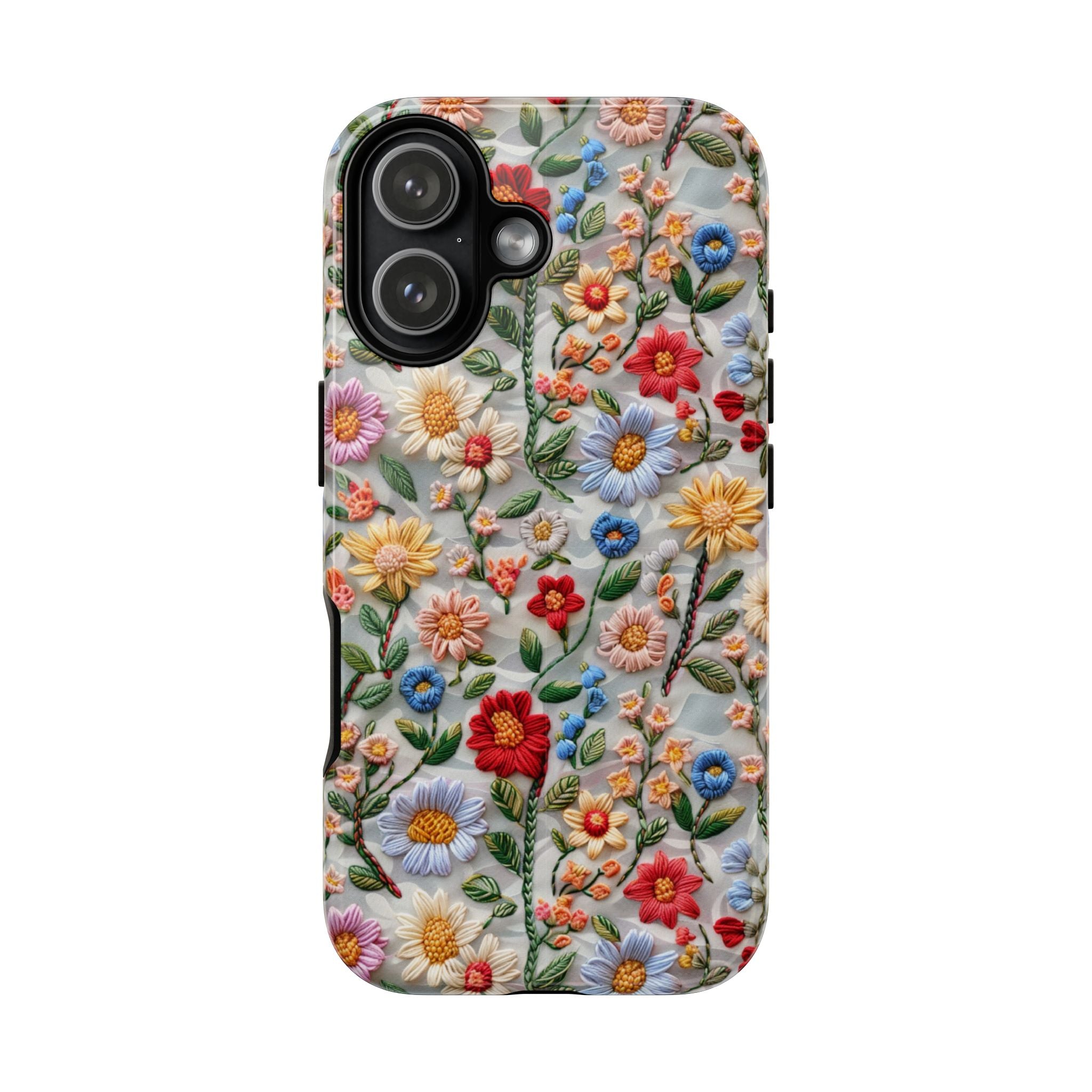 Floral Embroidered Pattern Tough iPhone Case — Colourful Daisy & Wildflower Design