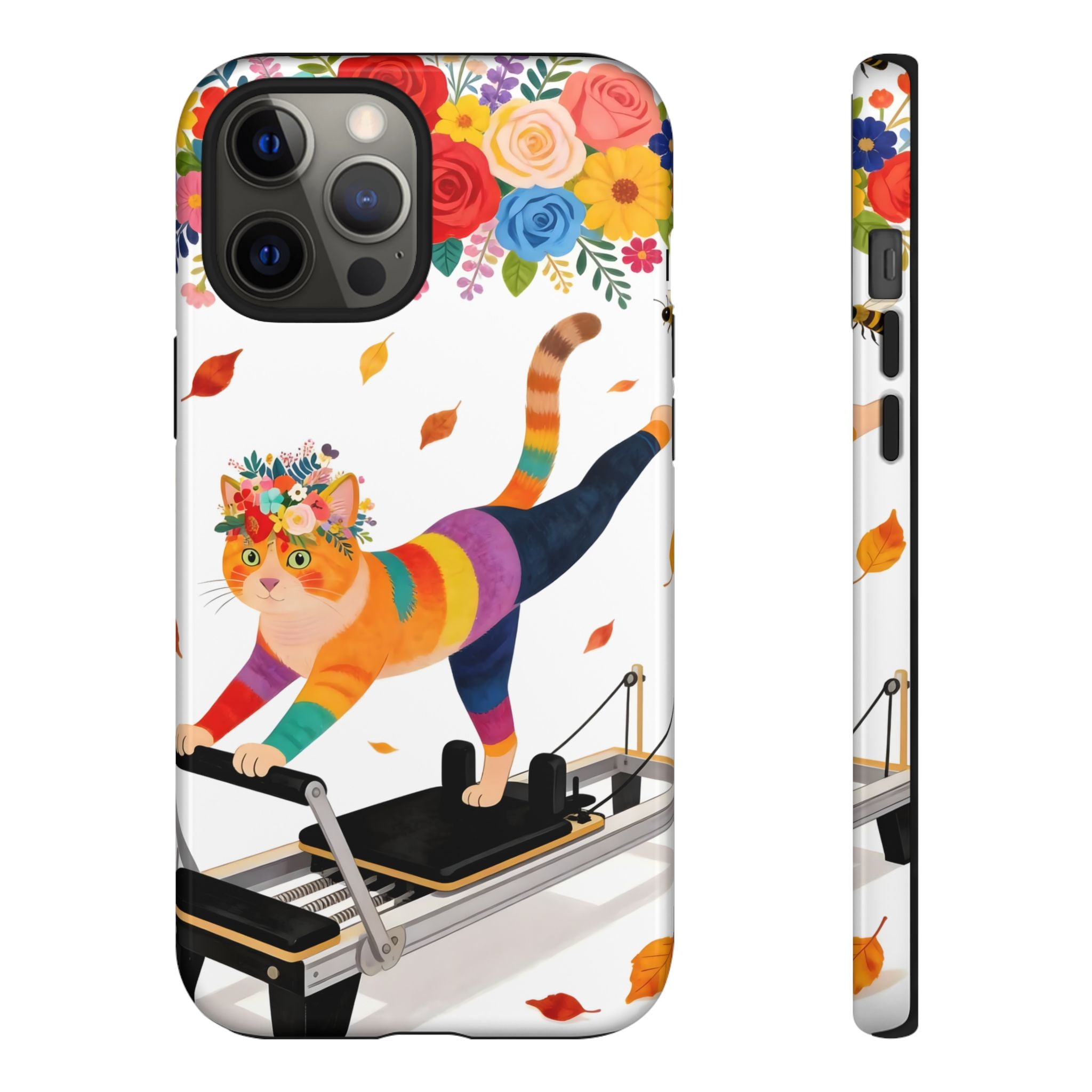 Cat Pilates iPhone Case | Floral Rainbow Cat on Reformer