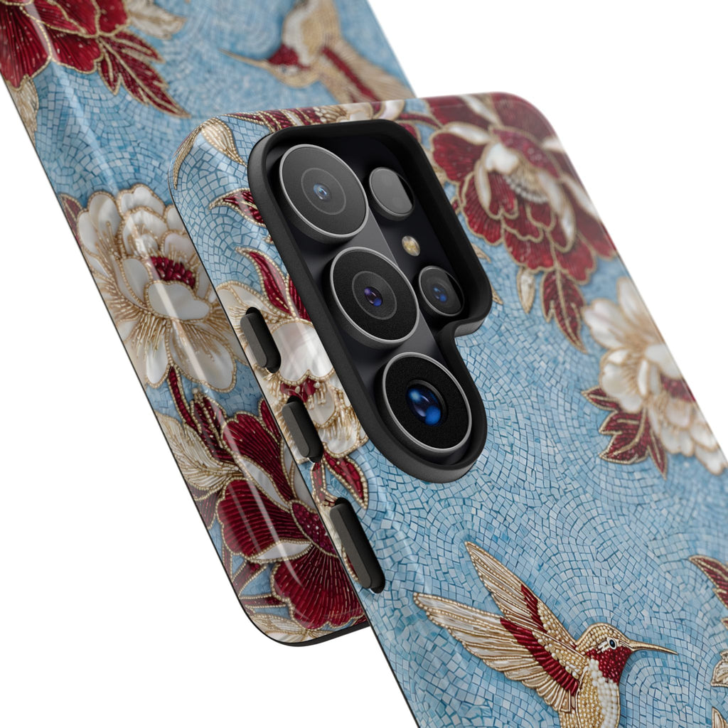Cover Resistente Samsung Galaxy Colibrì Floreale | Design Botanico Vintage Blu e Borgogna