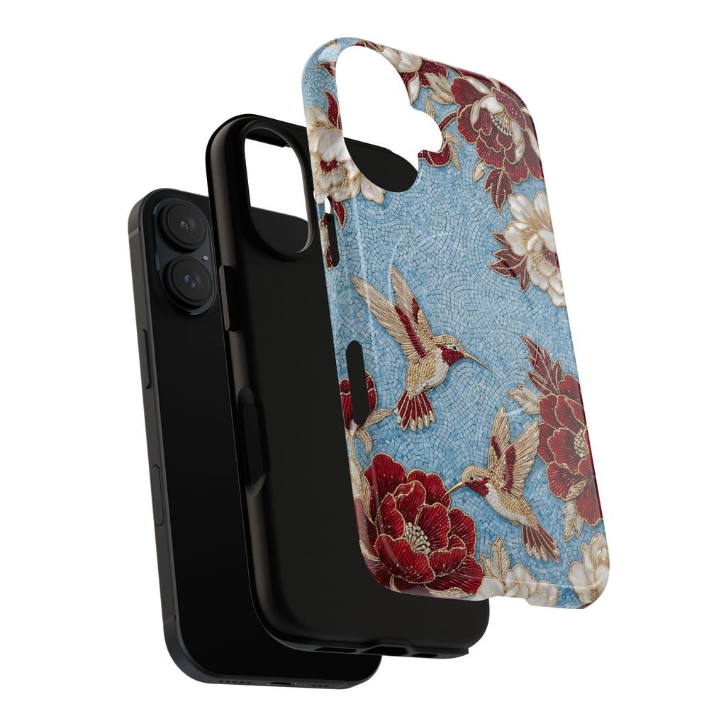 Cover iPhone MagSafe "Colibrì Floreale" Robusta | Design Botanico Vintage Blu e Borgogna