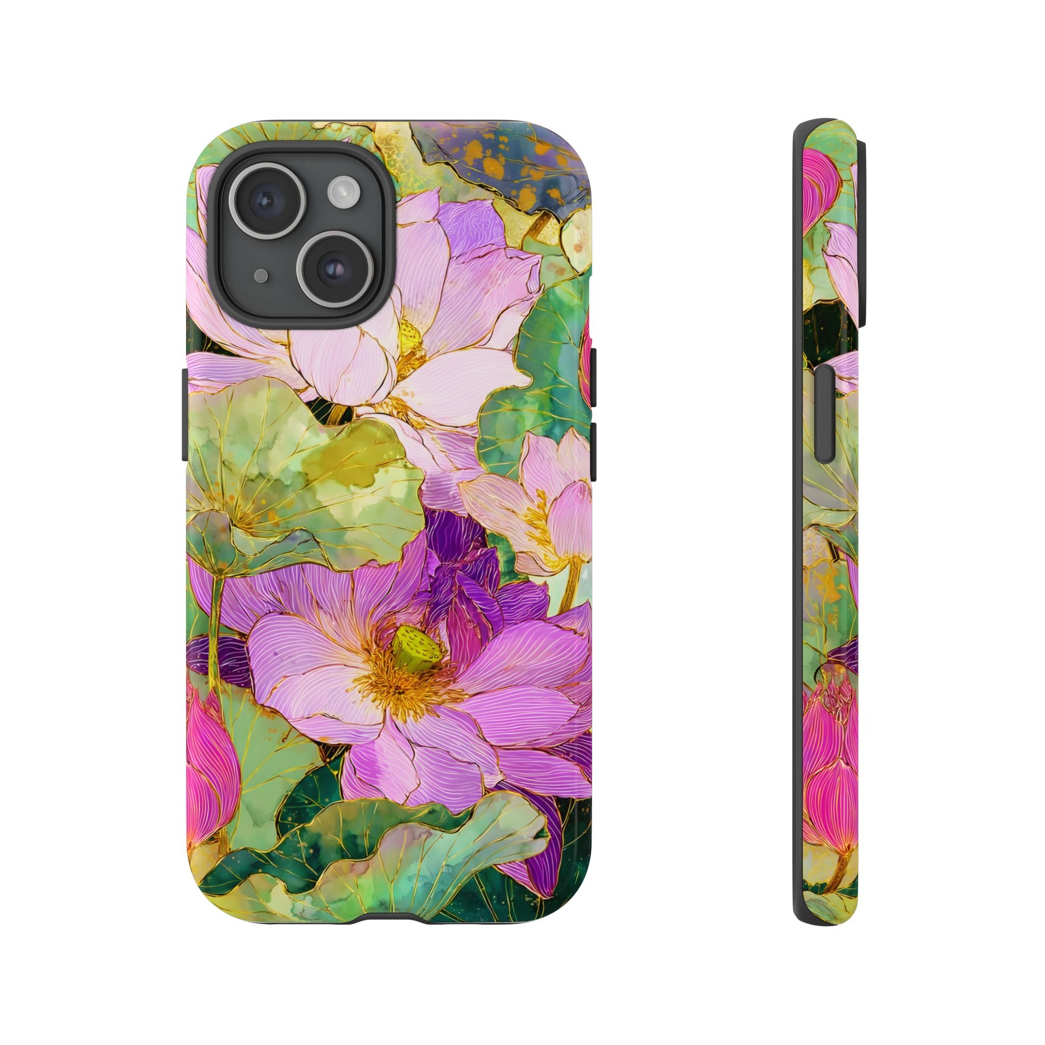 Floral Watercolor Tough iPhone Case | Pink Lotus Garden Protective Cover