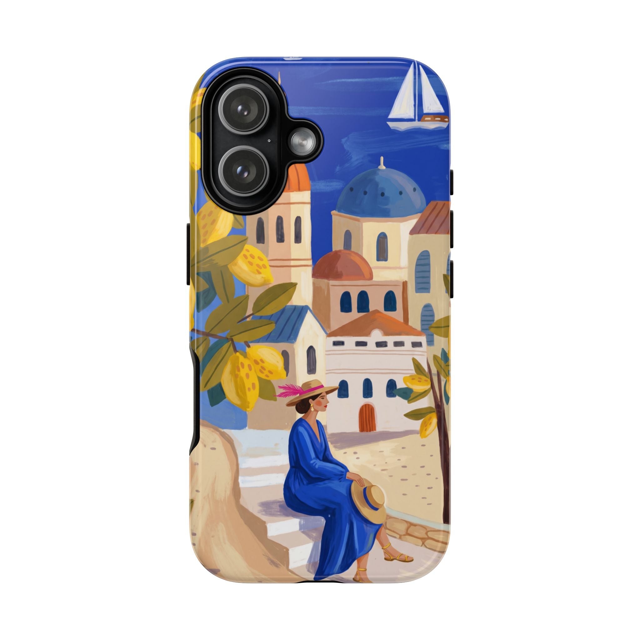 Mediterranean Village iPhone Case | Scenic Sailboat & Lemon Grove Design