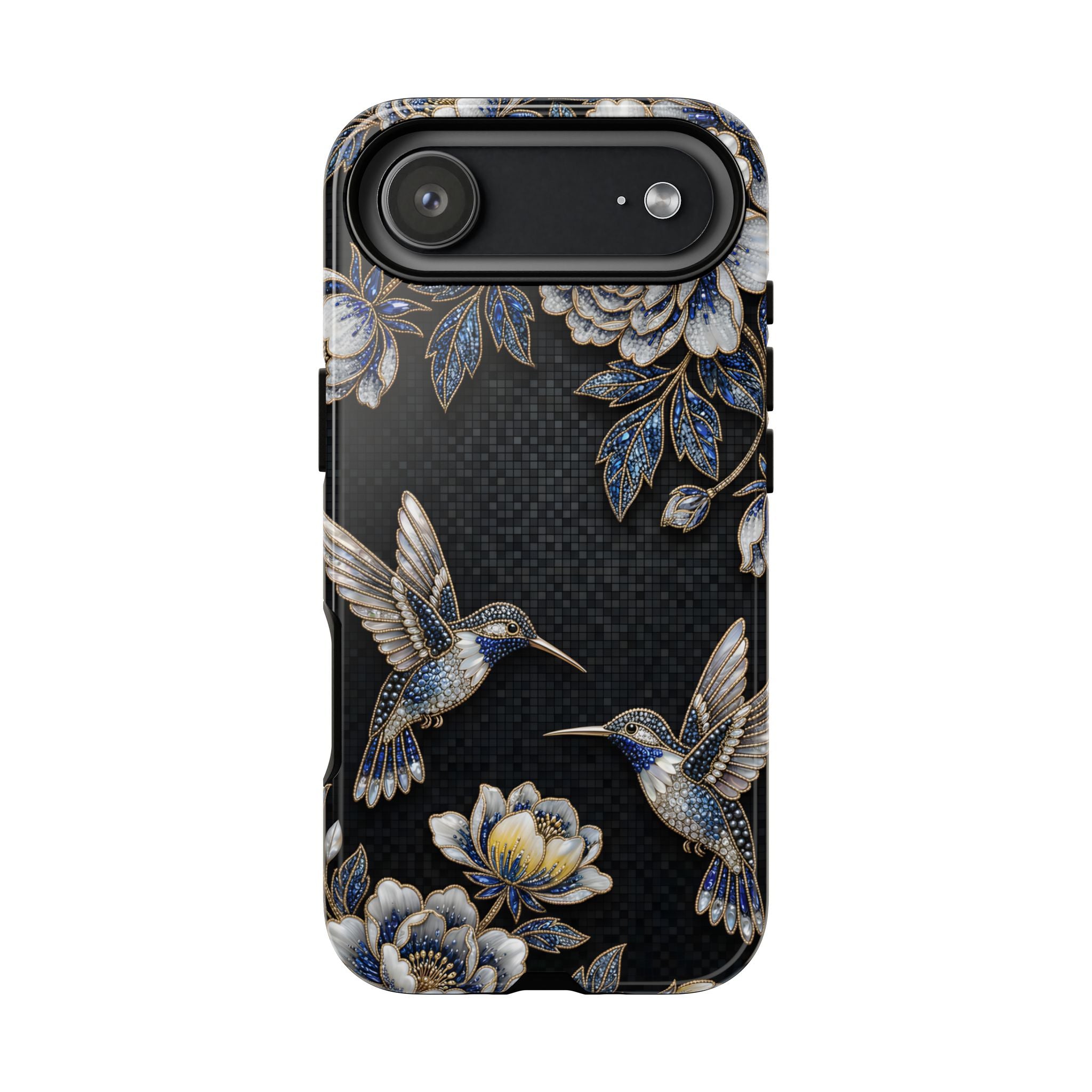 Hummingbird & Peony Floral iPhone Case | Elegant Black Protective Cover
