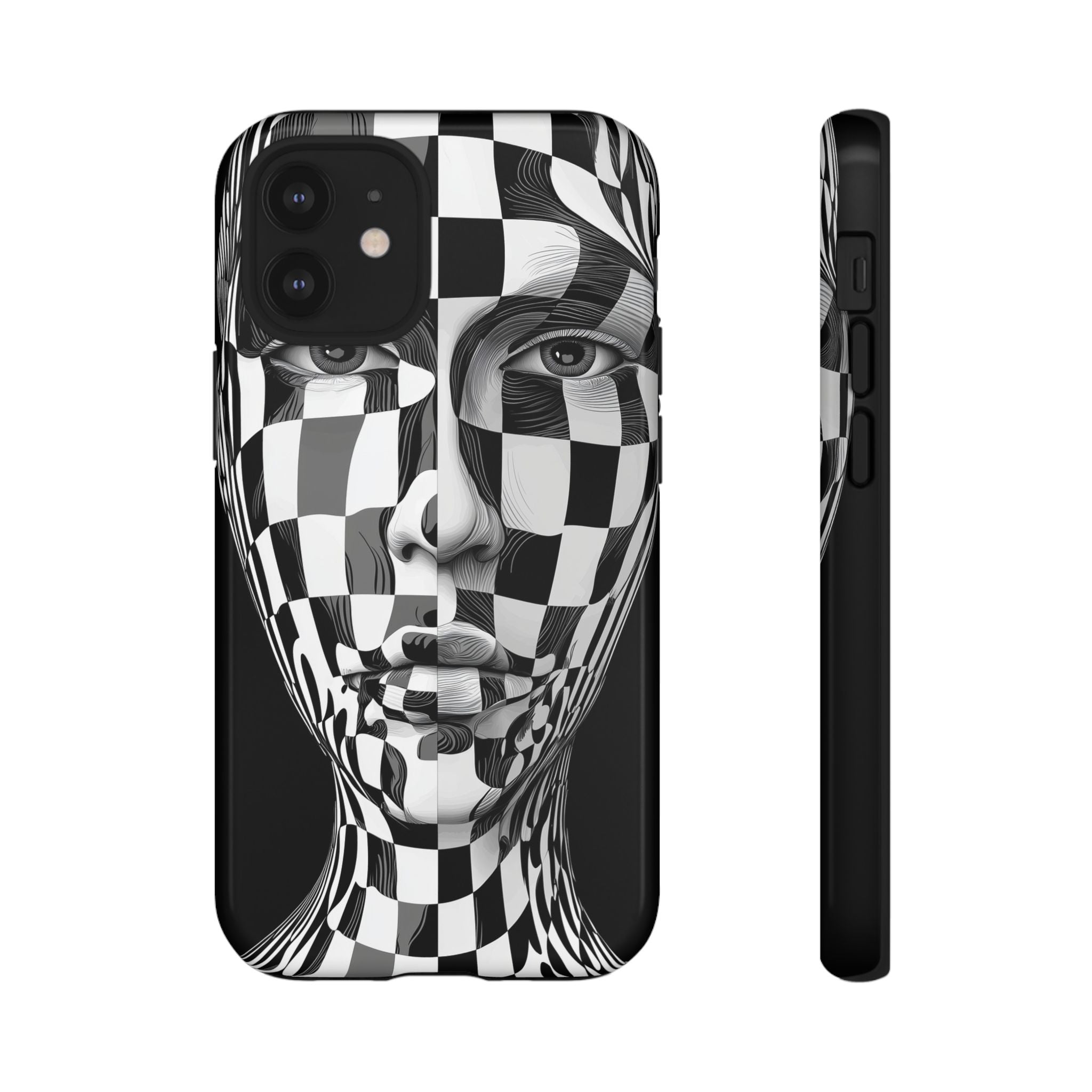 Checkerboard Face Tough iPhone Case — Black & White Surreal Art Protective Cover