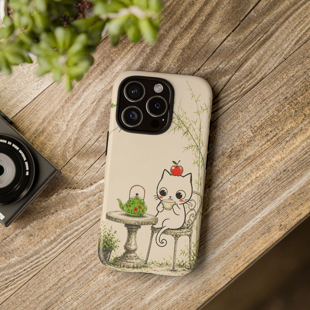 Cute Cat Tea Time iPhone Case | Kawaii Kitten with Apple Design
